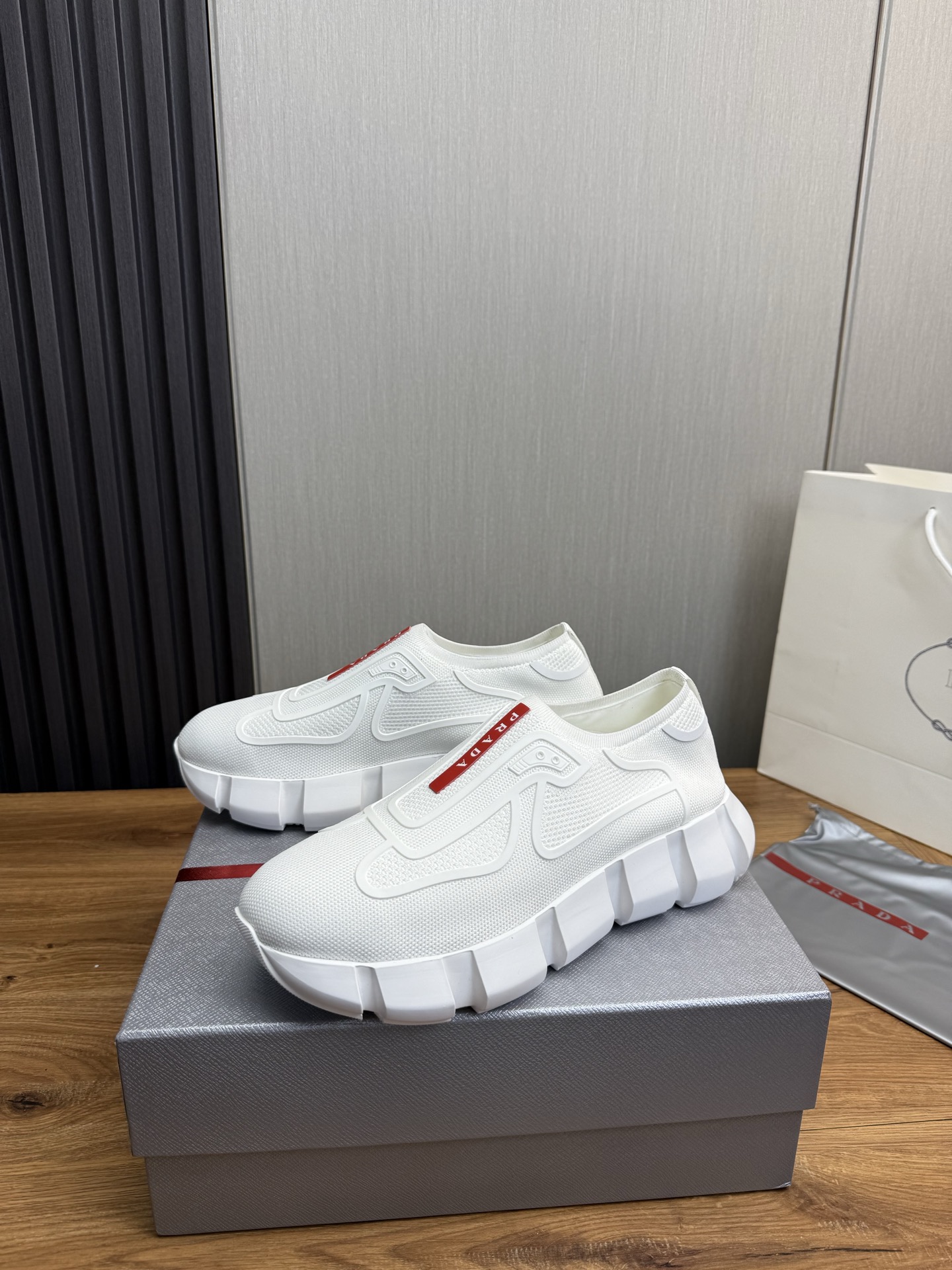 Prada Men's White Knit Slip-On Sneakers with Leather Lining, Sizes 38-44 4 i1743103789836 3328 0 3