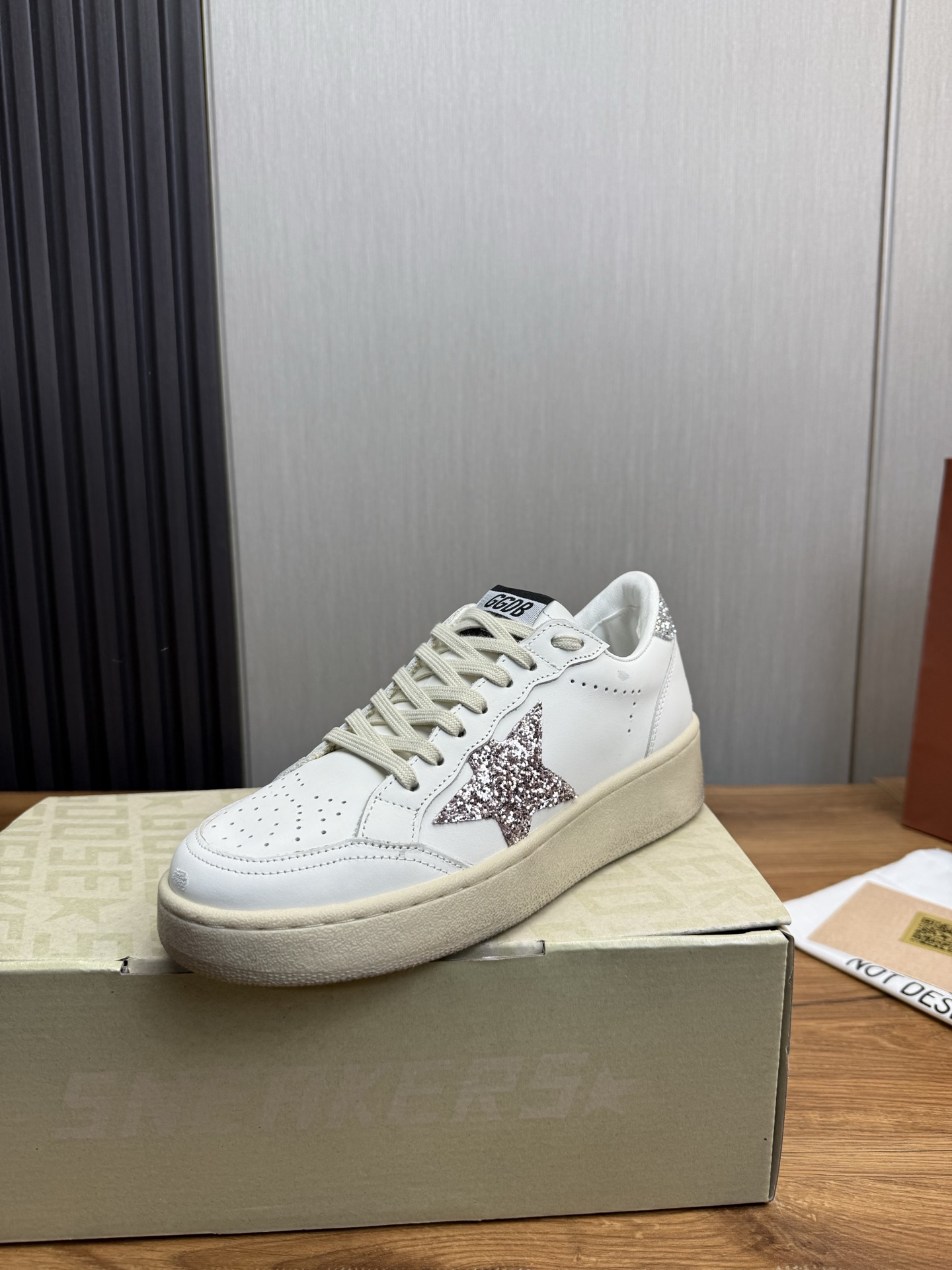 Golden Goose Ball Star Leather Sneaker with Glitter Star Patch 1 Golden Goose Ball Star Leather Sneaker with Glitter Star Patch