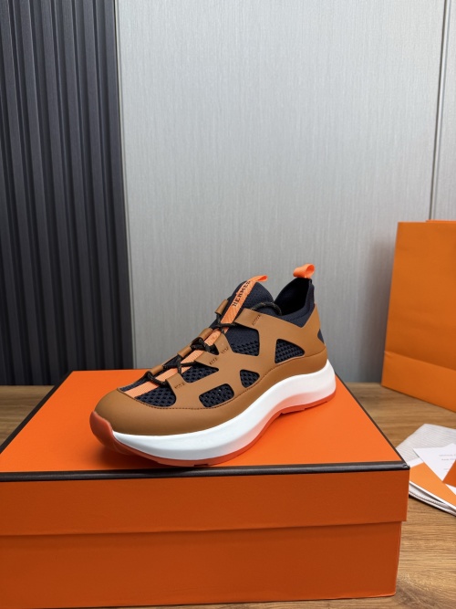 Hermès Men's Brown Leather & Mesh Lace-Up Casual Sneakers