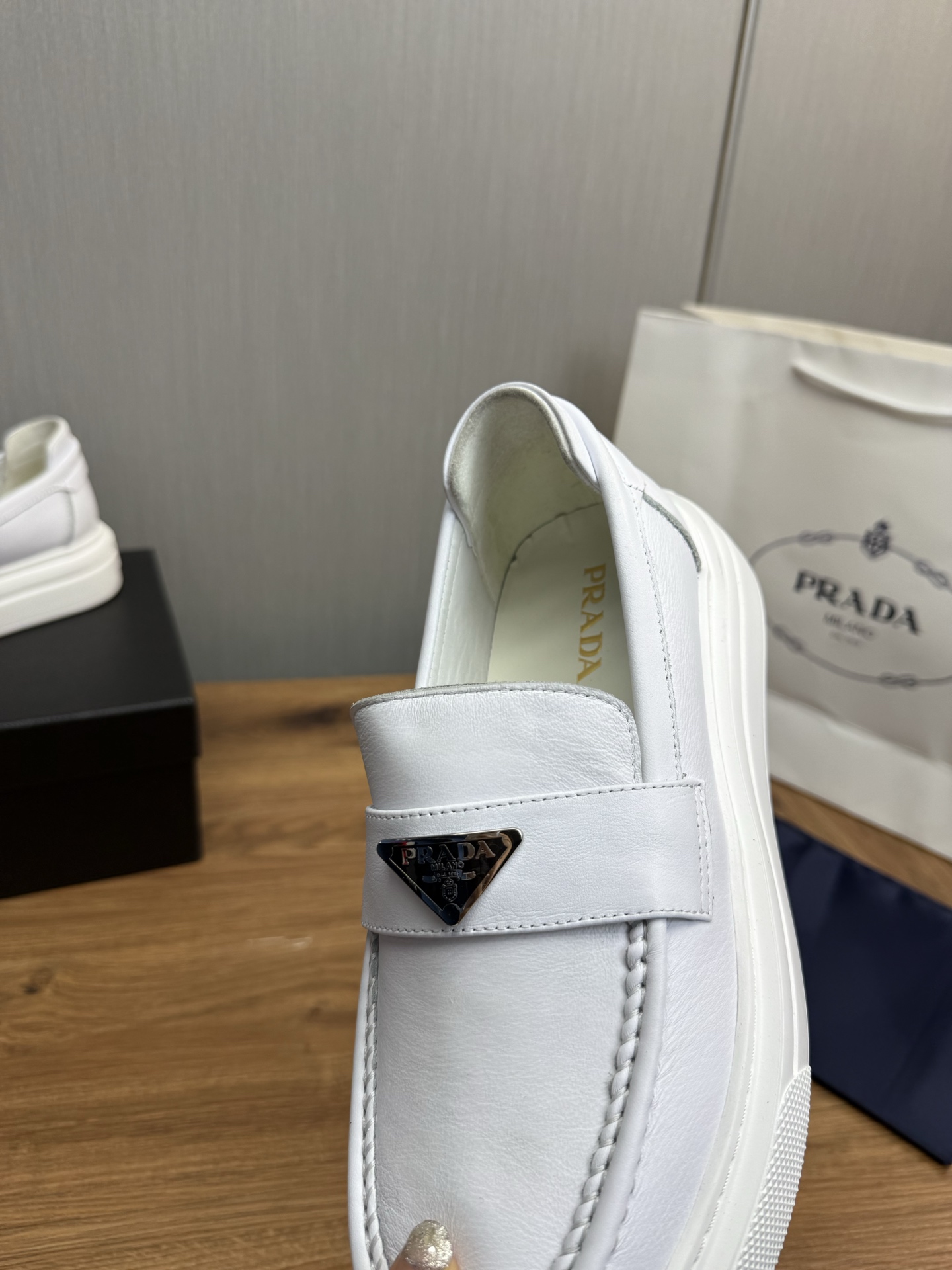 Prada Men's White Leather Loafers Comfortable Business Casual Shoes 10 i1744830675407 8905 0 8