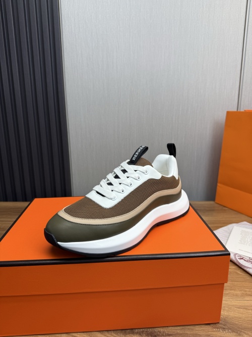 HERMES Men's Brown Leather and Mesh Lightweight Fashion Sneakers