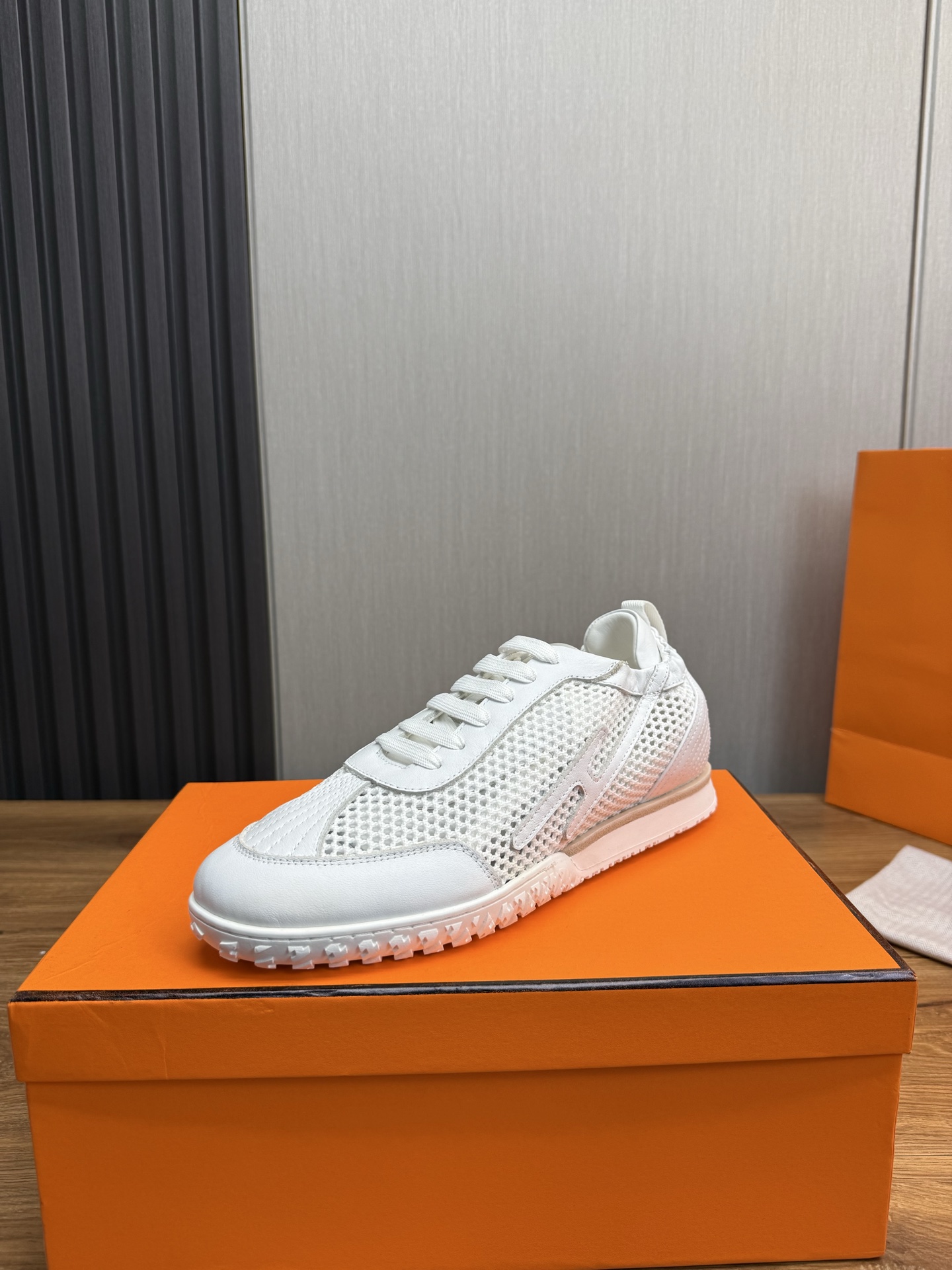 Hermes White Leather Sneakers for Men, Breathable Mesh, Lightweight Sole 1 Hermes White Leather Sneakers for Men, Breathable Mesh, Lightweight Sole