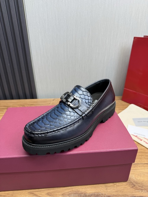 Ferragamo Men's Blue Leather Loafers with Snake Print and Metal Buckle