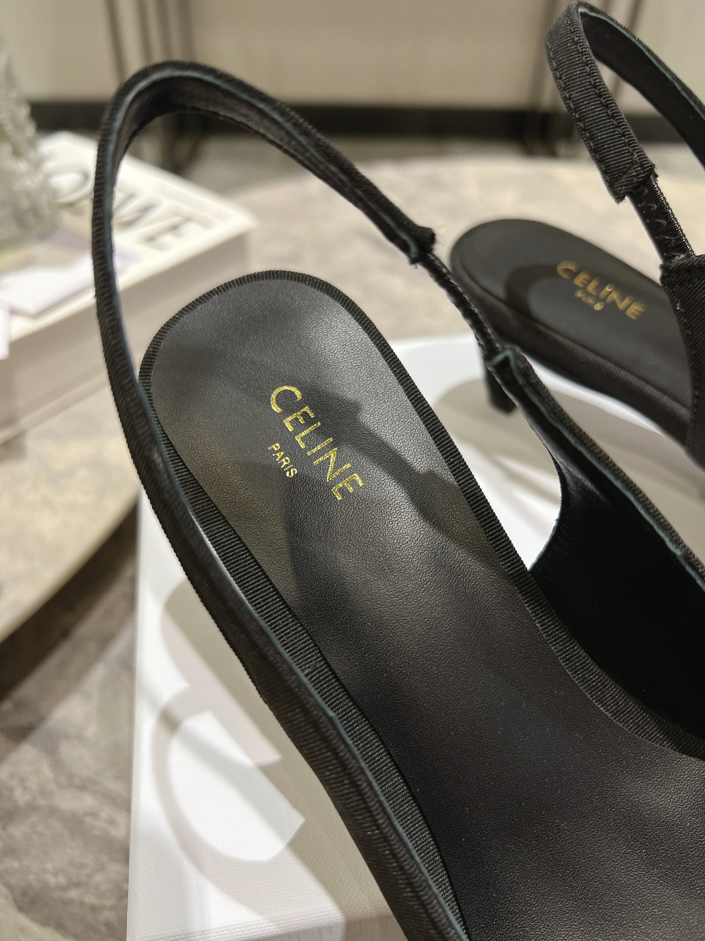 Celine Silver Triomphe Slingback Pumps, Pointed Toe Kitten Heels, Black 9 i1703835314 2312 0