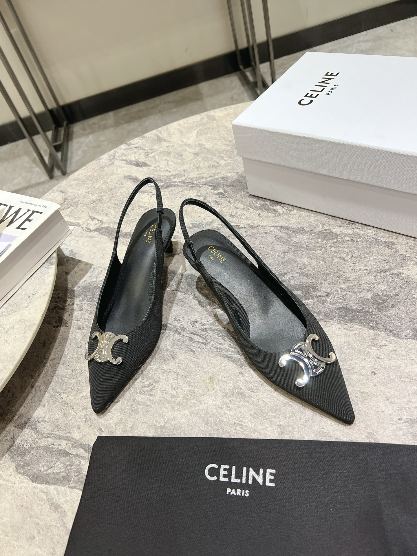 Celine Silver Triomphe Slingback Pumps, Pointed Toe Kitten Heels, Black 4 i1703835314 2549 0
