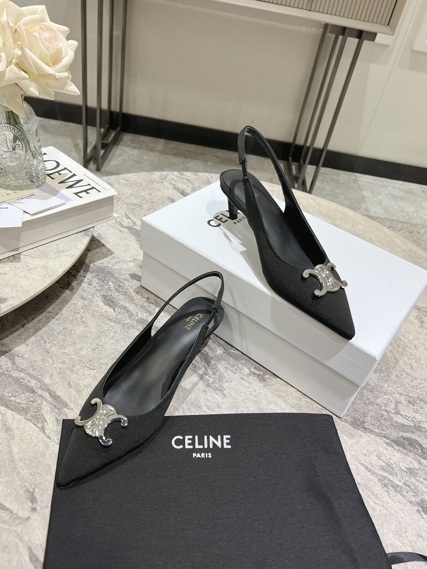 Celine Silver Triomphe Slingback Pumps, Pointed Toe Kitten Heels, Black 6 i1703835314 4905 0