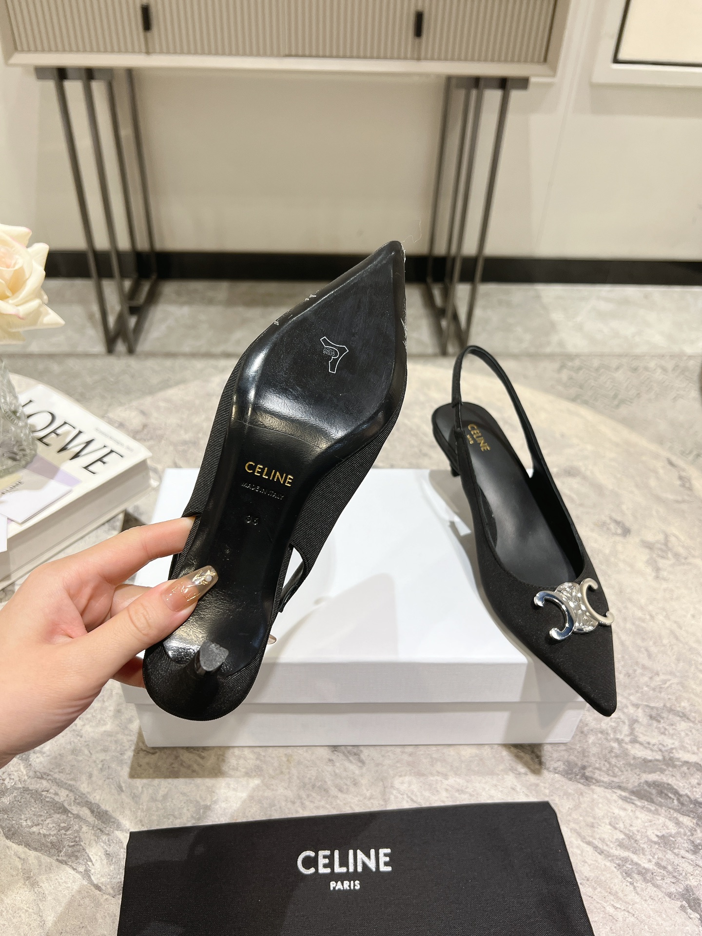 Celine Silver Triomphe Slingback Pumps, Pointed Toe Kitten Heels, Black 8 i1703835314 5212 0