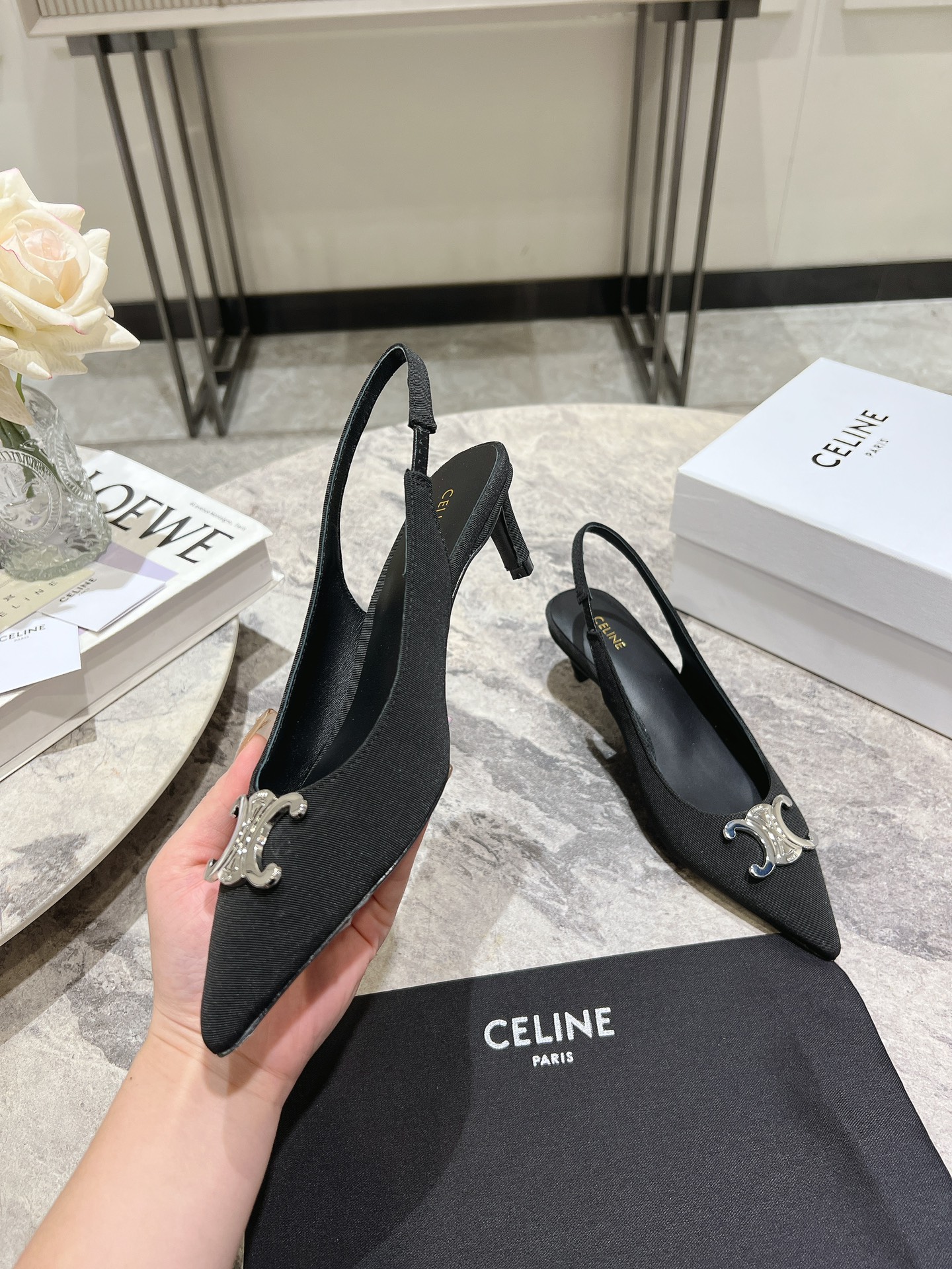 Celine Silver Triomphe Slingback Pumps, Pointed Toe Kitten Heels, Black 1 Celine Silver Triomphe Slingback Pumps, Pointed Toe Kitten Heels, Black