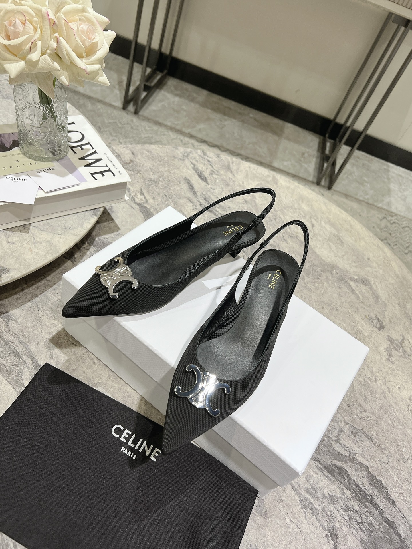 Celine Silver Triomphe Slingback Pumps, Pointed Toe Kitten Heels, Black 5 i1703835314 6720 0