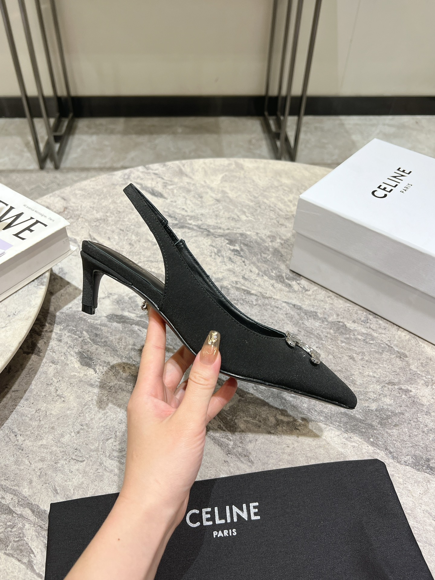 Celine Silver Triomphe Slingback Pumps, Pointed Toe Kitten Heels, Black 7 i1703835314 8460 0