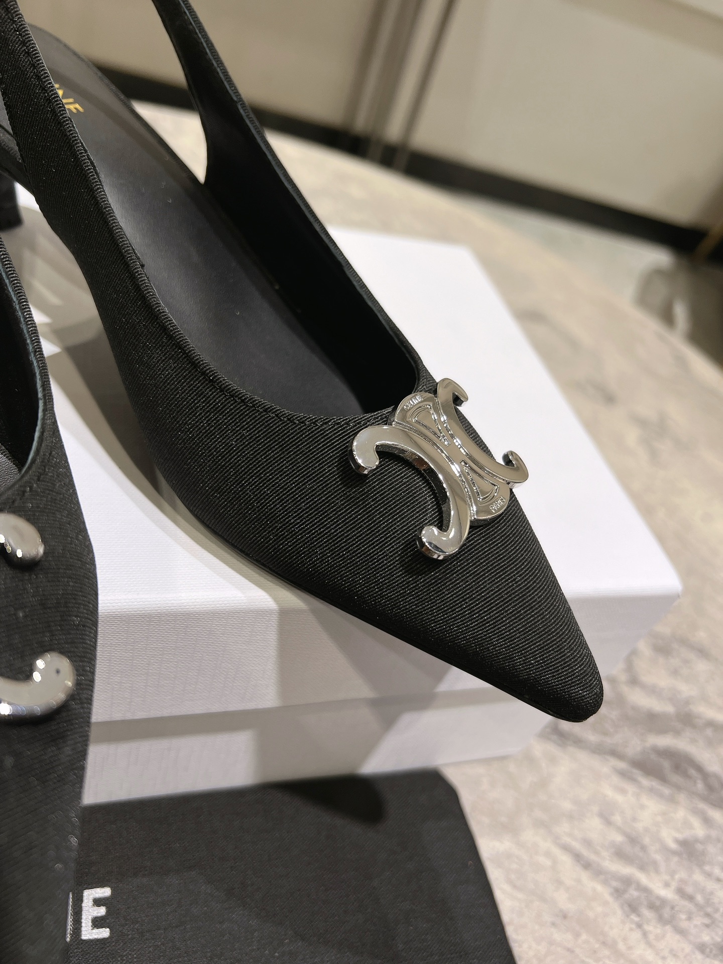 Celine Silver Triomphe Slingback Pumps, Pointed Toe Kitten Heels, Black 10 i1703835314 97 0