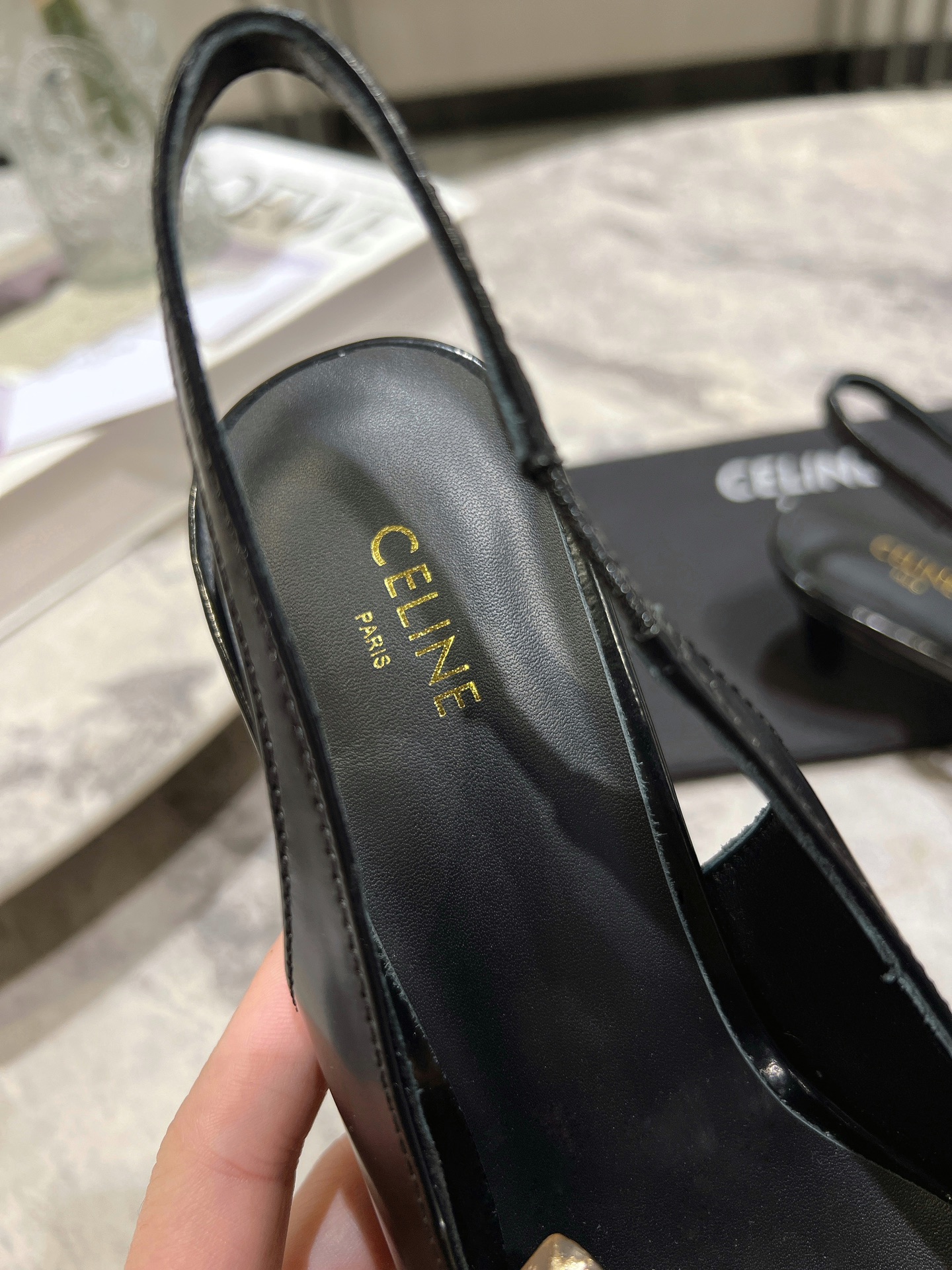 Celine Silver Triomphe Pointed Toe Slingback Kitten Heels, Black Leather 8 i1703835325 871 0