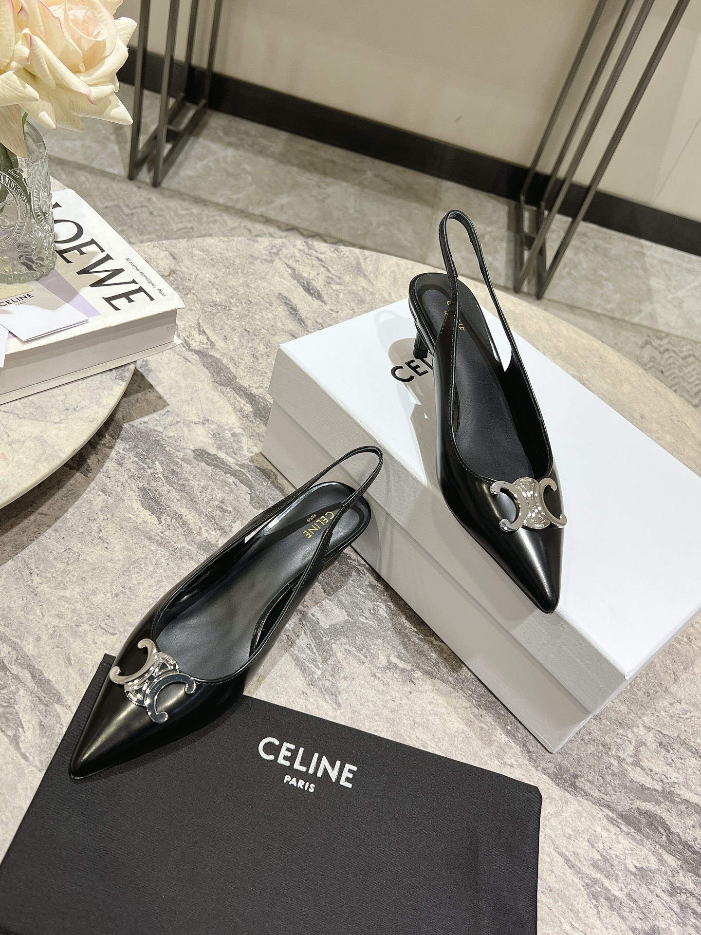 Celine Silver Triomphe Pointed Toe Slingback Kitten Heels, Black Leather 6 i1703835326 4721 0