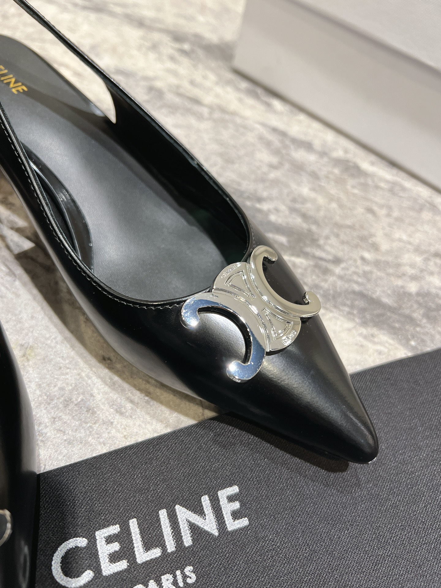 Celine Silver Triomphe Pointed Toe Slingback Kitten Heels, Black Leather 9 i1703835326 5986 0