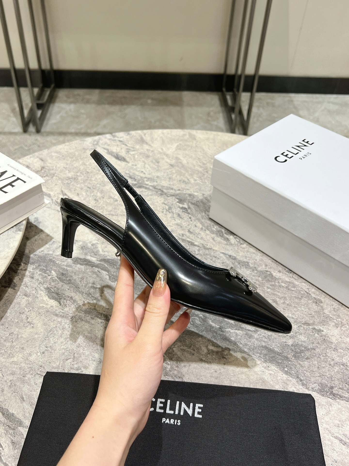 Celine Silver Triomphe Pointed Toe Slingback Kitten Heels, Black Leather 5 i1703835326 6948 0