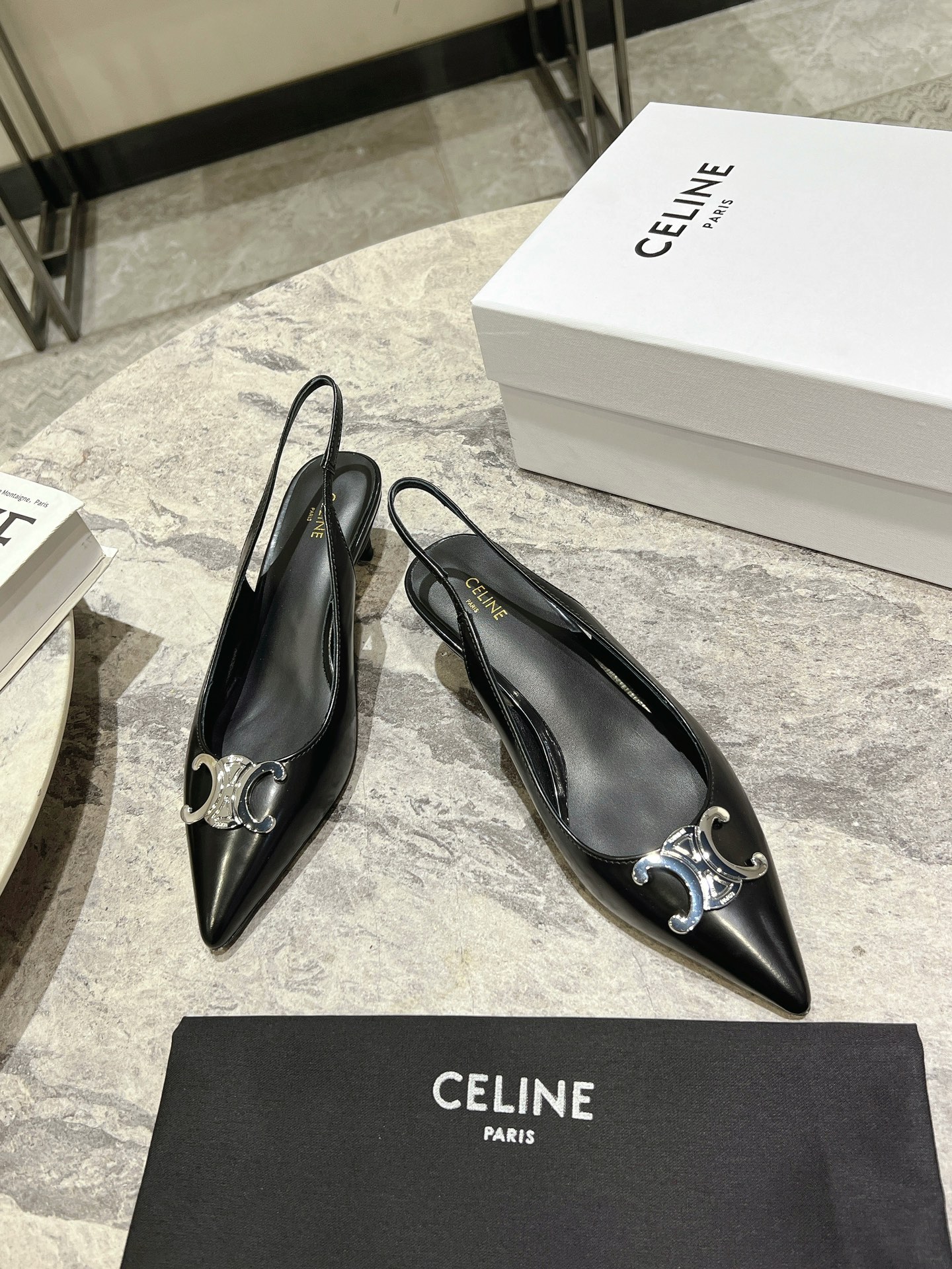 Celine Silver Triomphe Pointed Toe Slingback Kitten Heels, Black Leather 4 i1703835326 8388 0