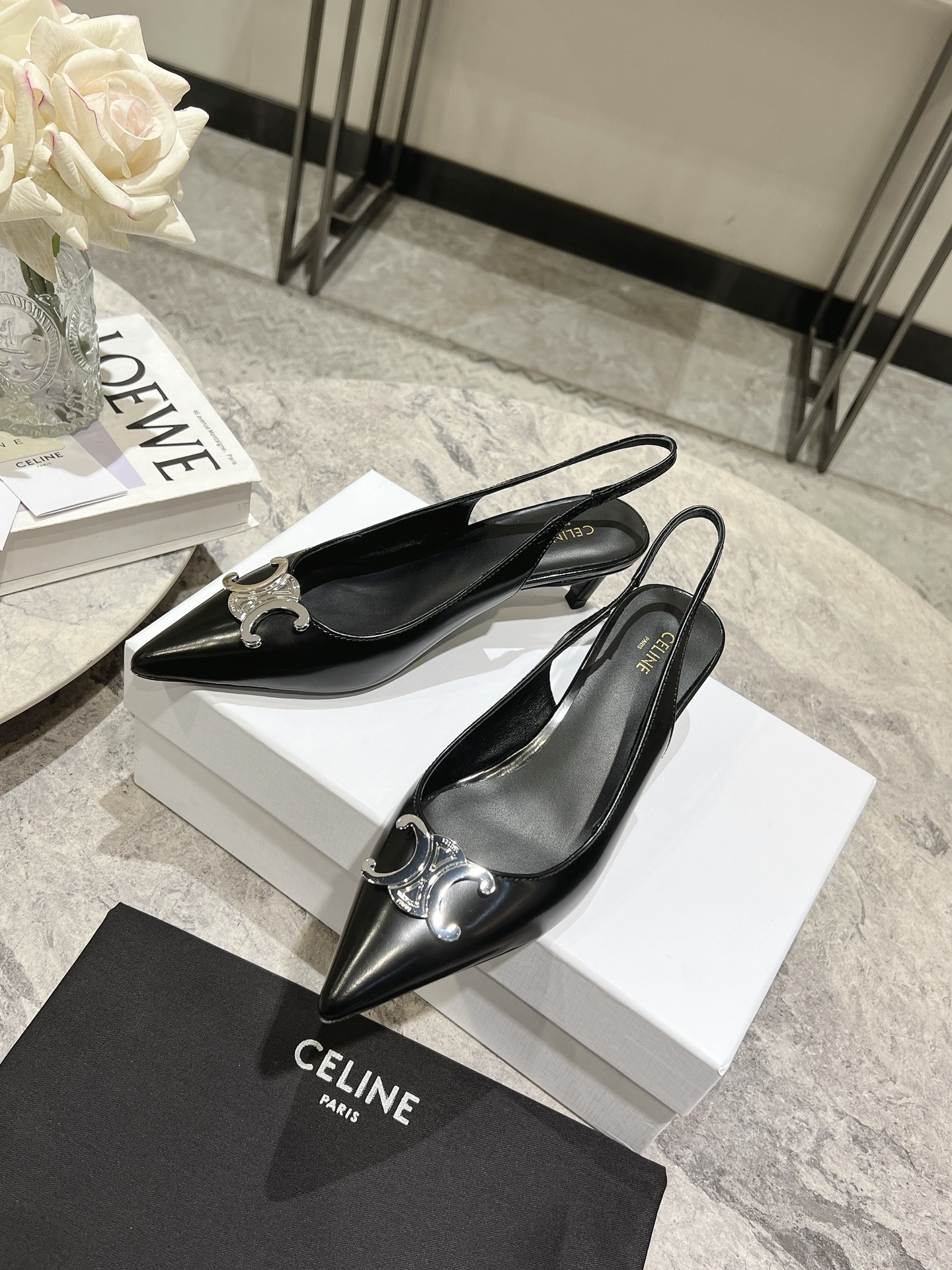 Celine Silver Triomphe Pointed Toe Slingback Kitten Heels, Black Leather 7 i1703835326 9634 0