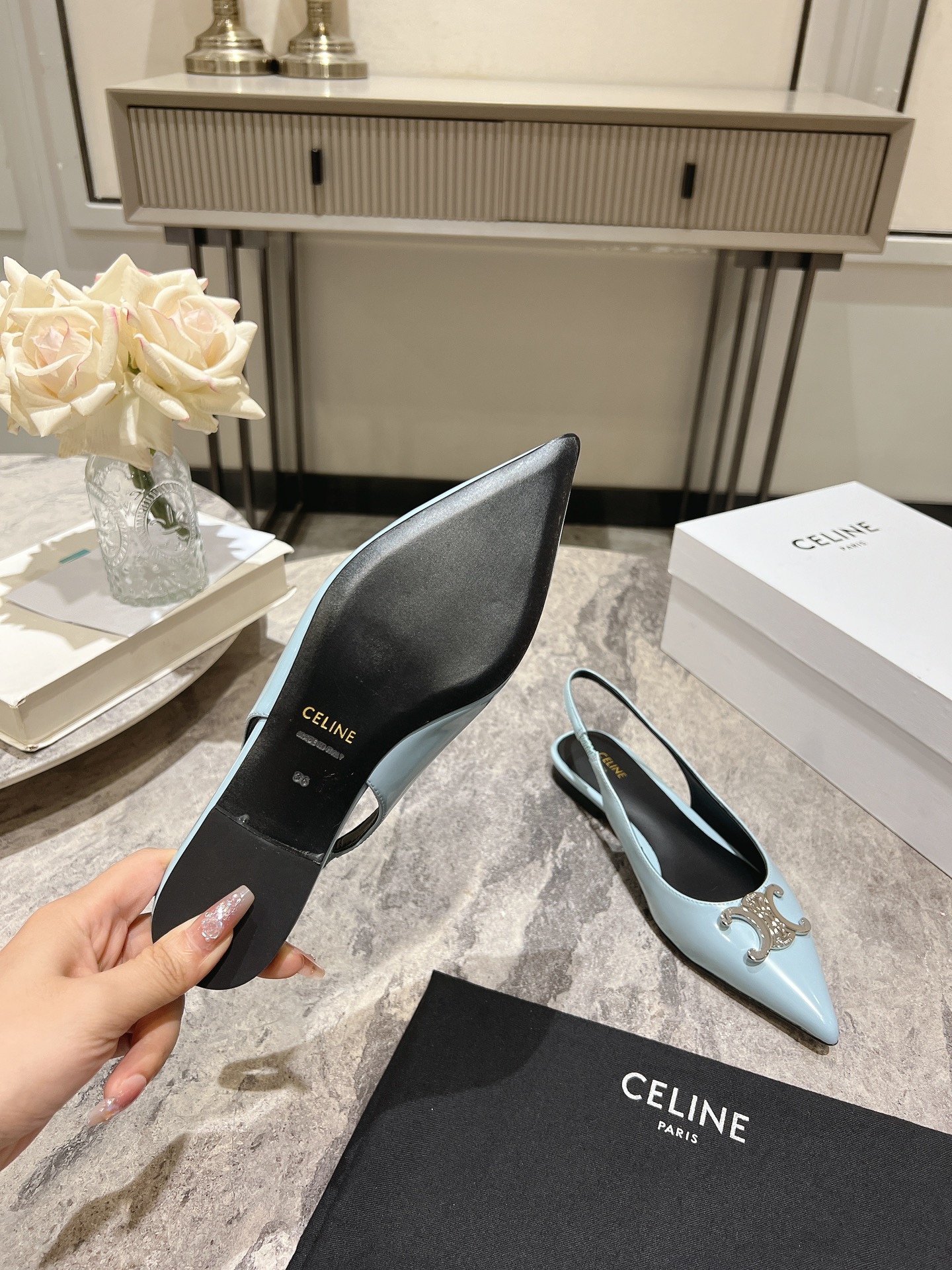 Celine Silver Triomphe Pointed Slingback Heels, Early Spring Collection 6 i1716652743 2299 0