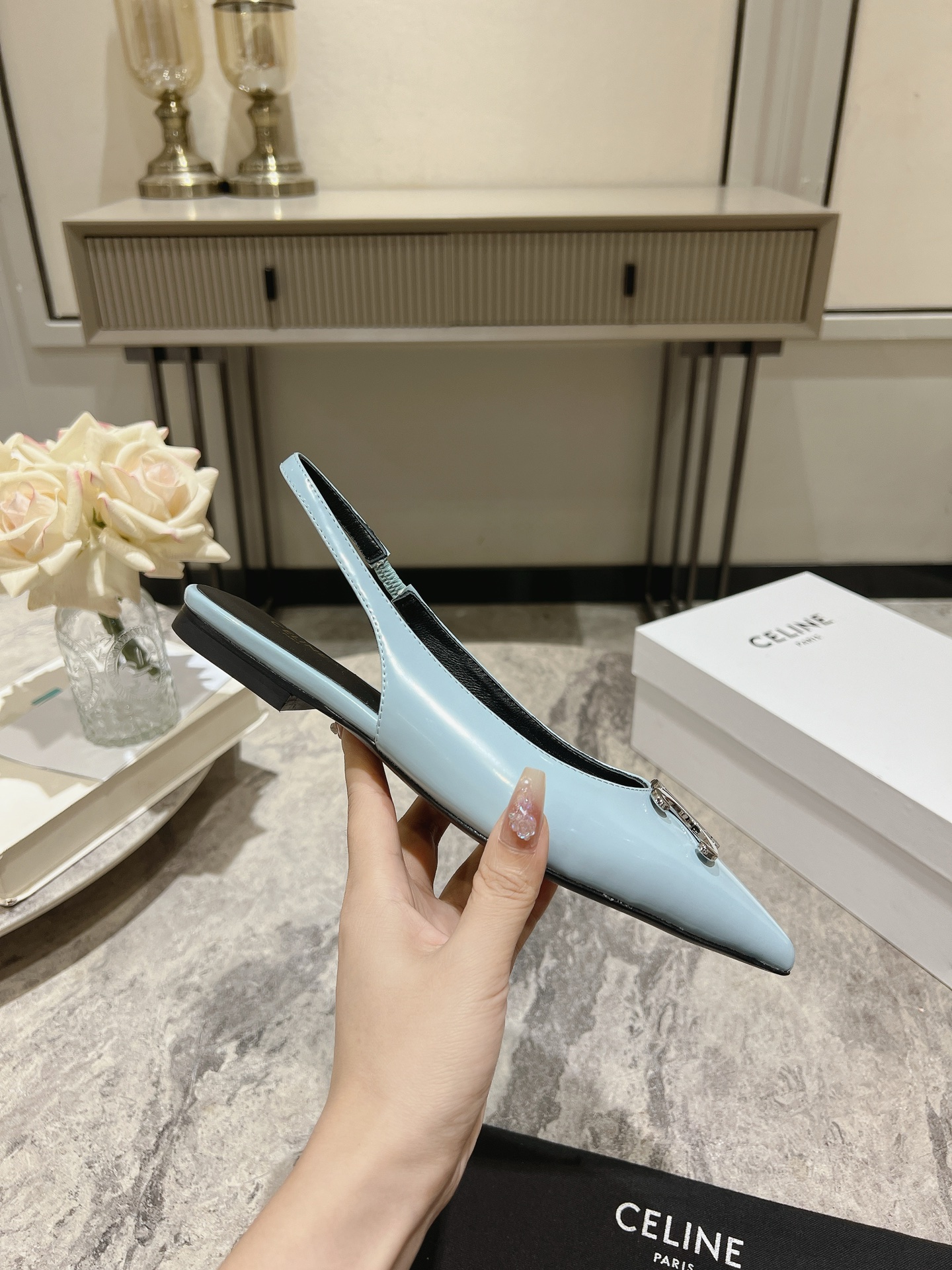 Celine Silver Triomphe Pointed Slingback Heels, Early Spring Collection 7 i1716652743 8069 0