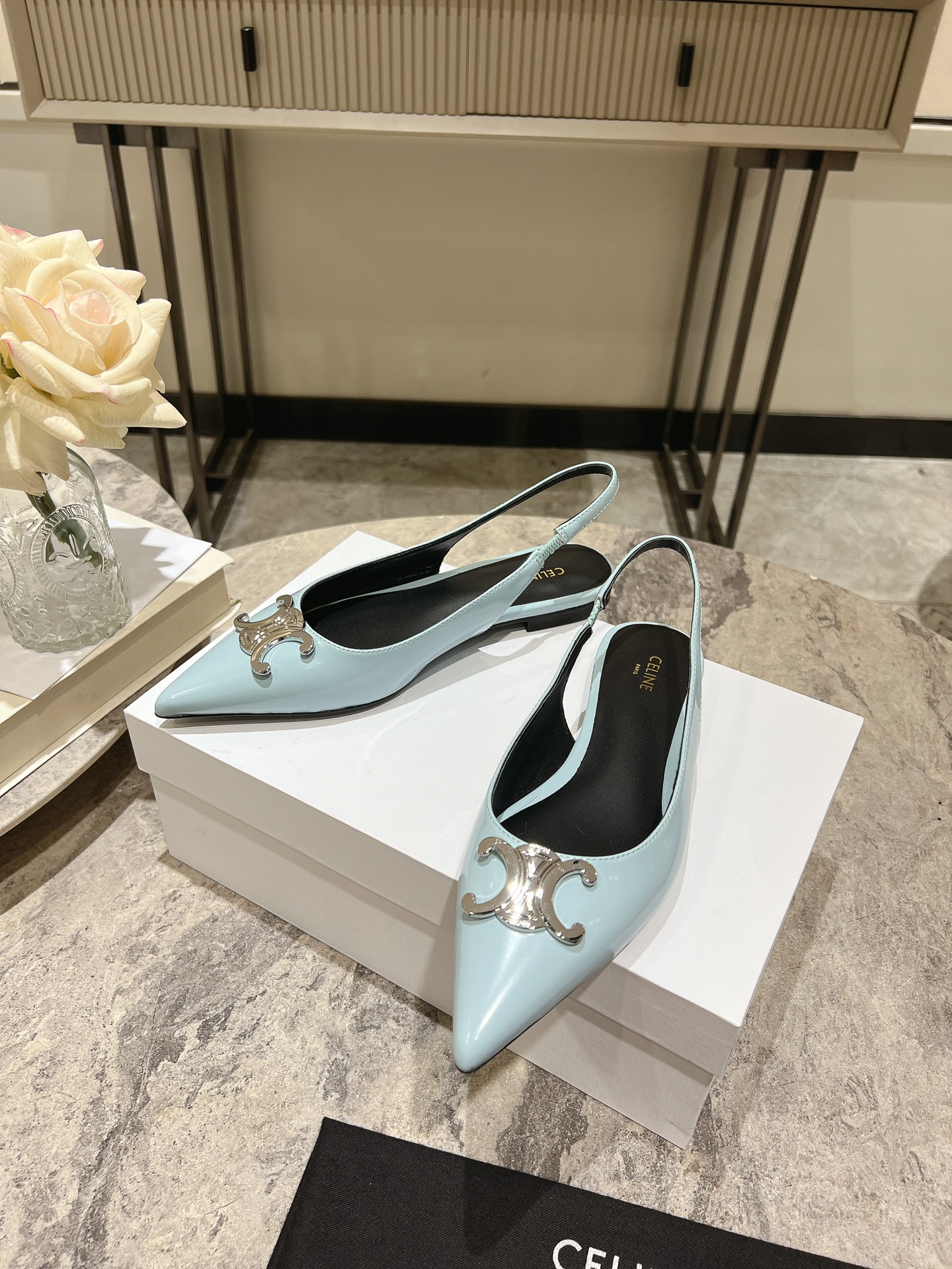 Celine Silver Triomphe Pointed Slingback Heels, Early Spring Collection 10 i1716652743 8290 0