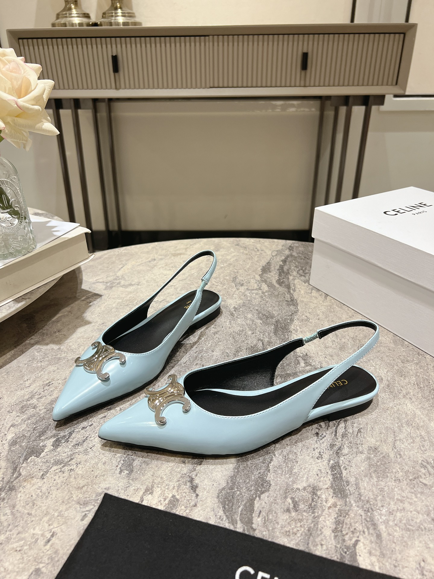 Celine Silver Triomphe Pointed Slingback Heels, Early Spring Collection 5 i1716652744 3636 0