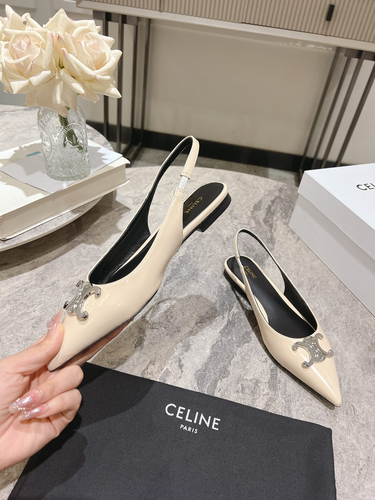 Celine Early Spring Silver Triomphe Pointed-Toe Slingback Kitten Heel 1 Celine Early Spring Silver Triomphe Pointed-Toe Slingback Kitten Heel