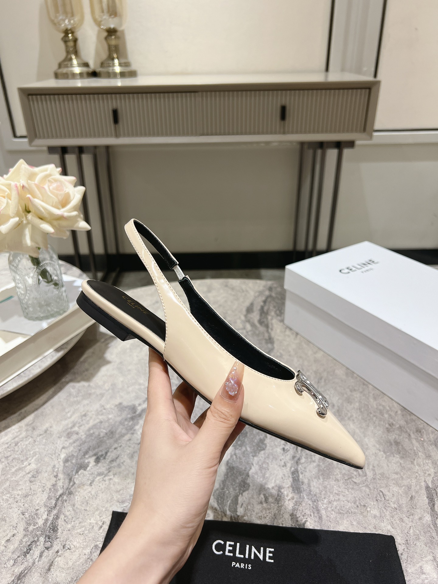 Celine Early Spring Silver Triomphe Pointed-Toe Slingback Kitten Heel 9 i1716652754 2677 8