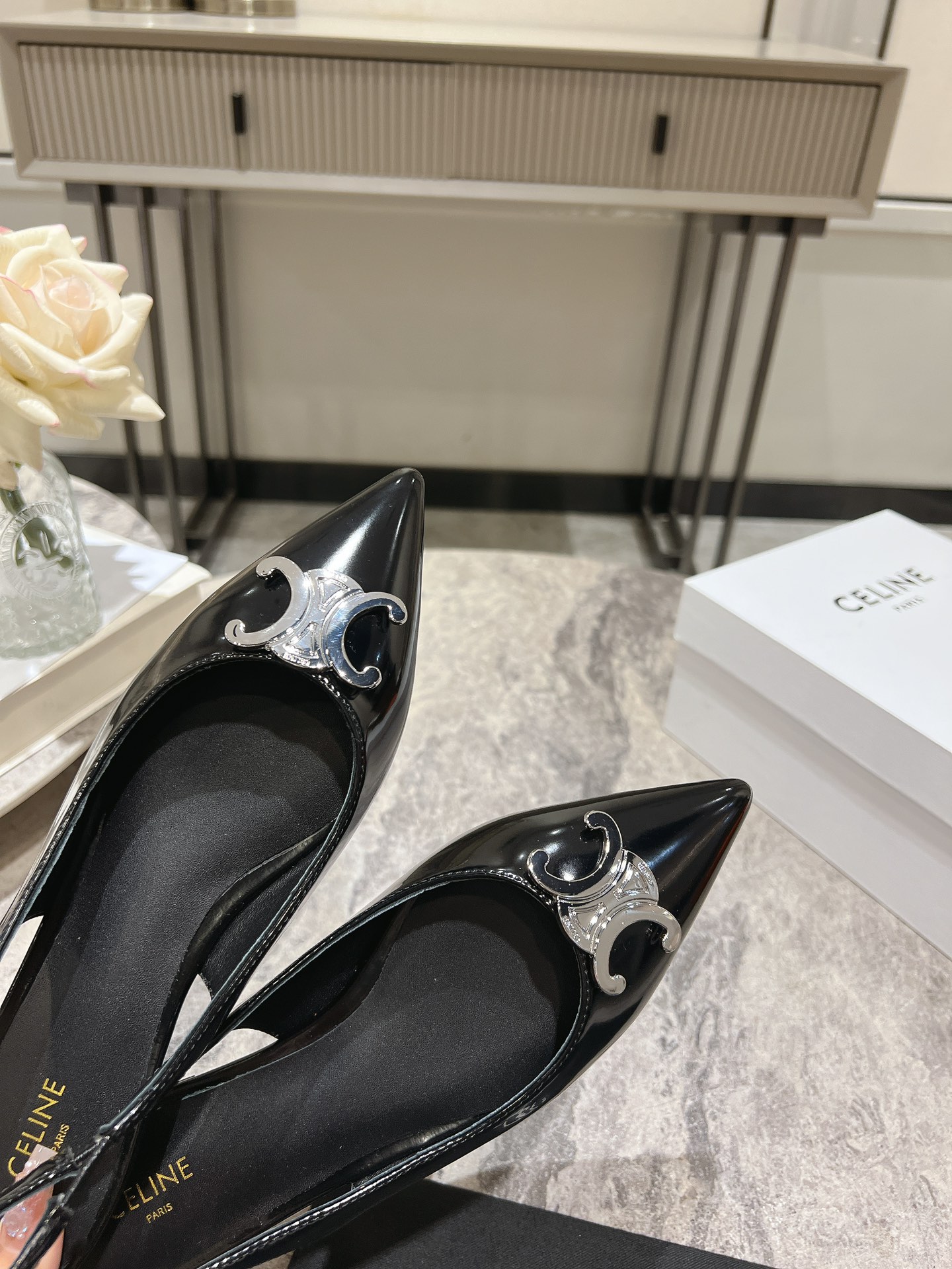 Celine Women's Black Leather Slingback Pumps with Silver Triomphe, Size 35-39 8 i1716652917 6482 0