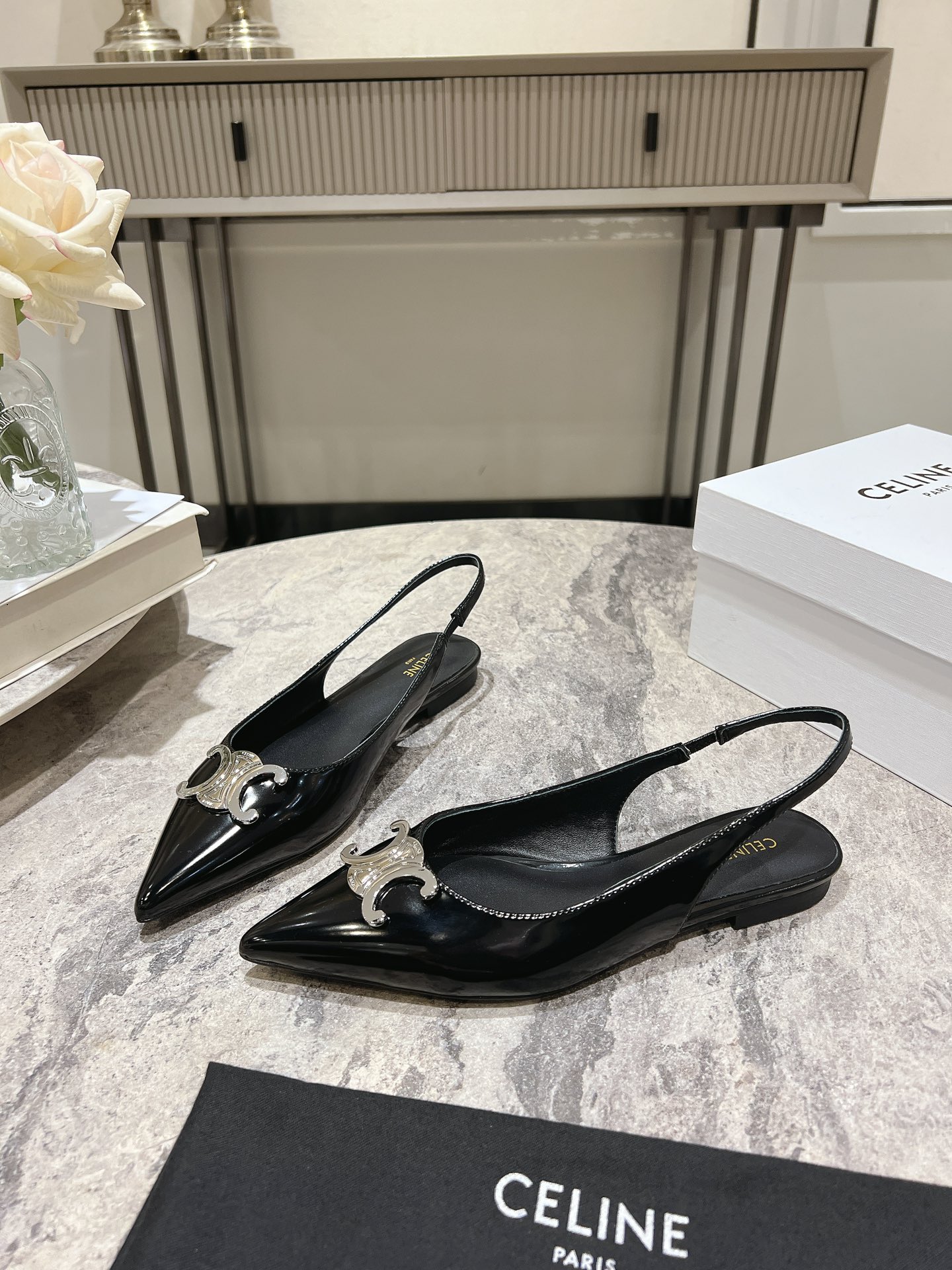 Celine Women's Black Leather Slingback Pumps with Silver Triomphe, Size 35-39 5 i1716652917 738 3