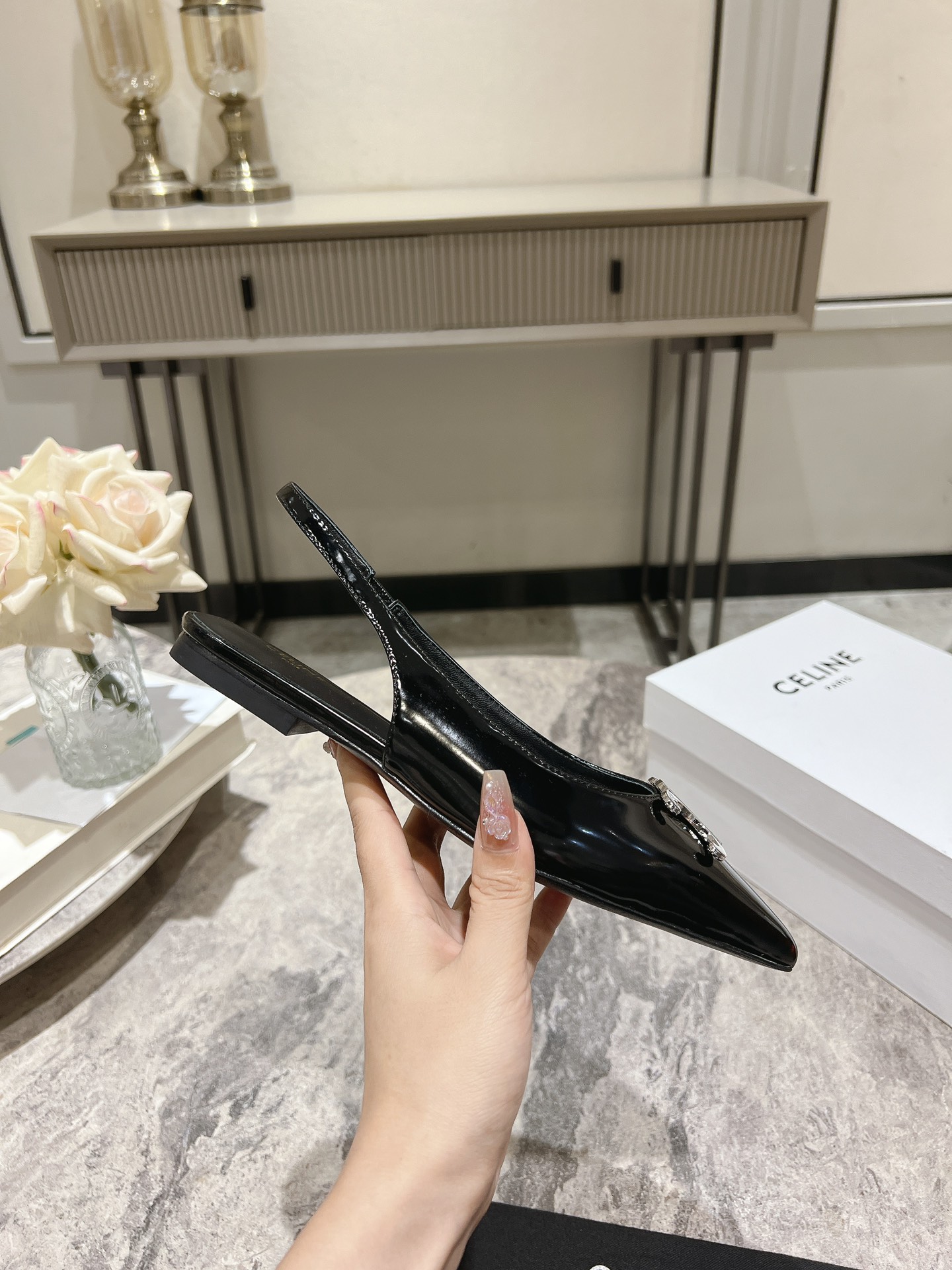 Celine Women's Black Leather Slingback Pumps with Silver Triomphe, Size 35-39 7 i1716652917 8839 1