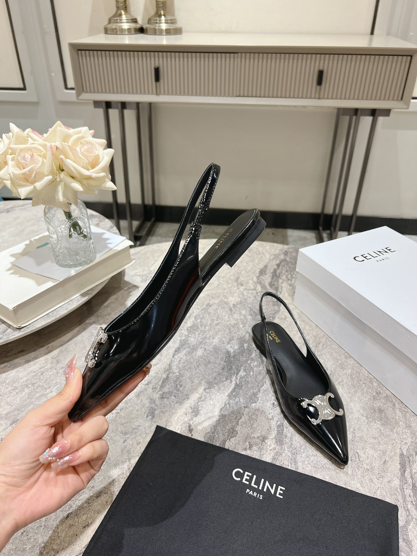 Celine Women's Black Leather Slingback Pumps with Silver Triomphe, Size 35-39 2 i1716652918 5865 6