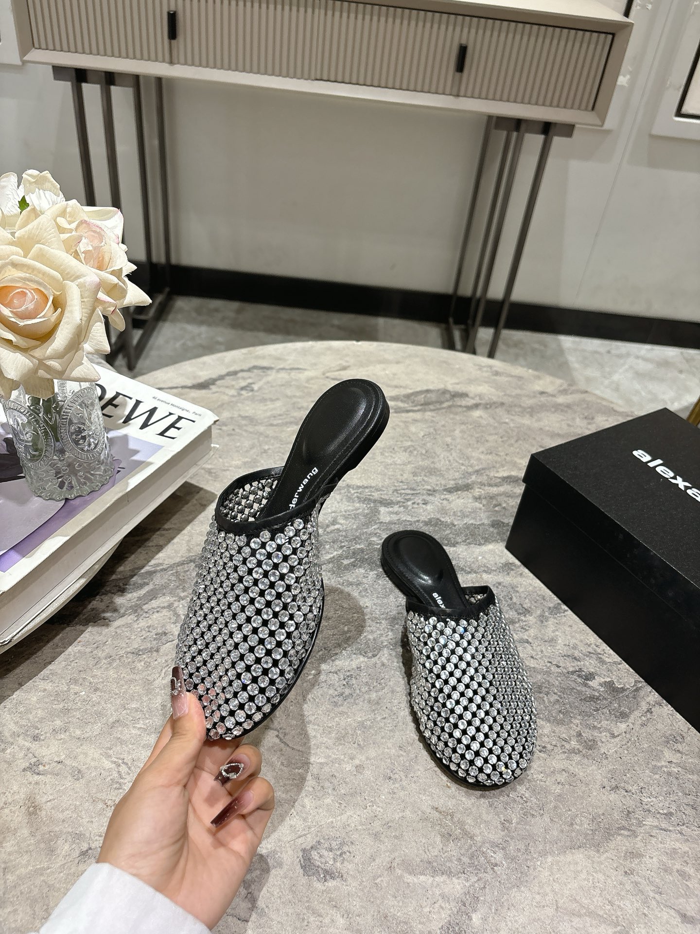 Alexander Wang Women's Crystal Embellished Mesh Pointed Mules Slides 4 i1742730104580 8824 0 2