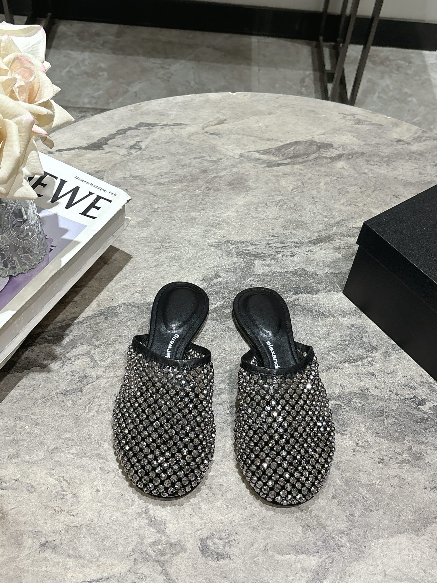 Alexander Wang Women's Crystal Embellished Mesh Pointed Toe Mules Slides 1 Alexander Wang Women's Crystal Embellished Mesh Pointed Toe Mules Slides