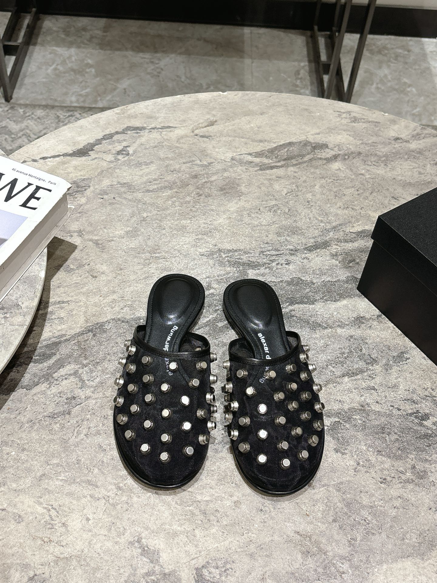 Alexander Wang Women's Black Studded Leather Mule, Pointed Open Toe Shoes 1 Alexander Wang Women's Black Studded Leather Mule, Pointed Open Toe Shoes