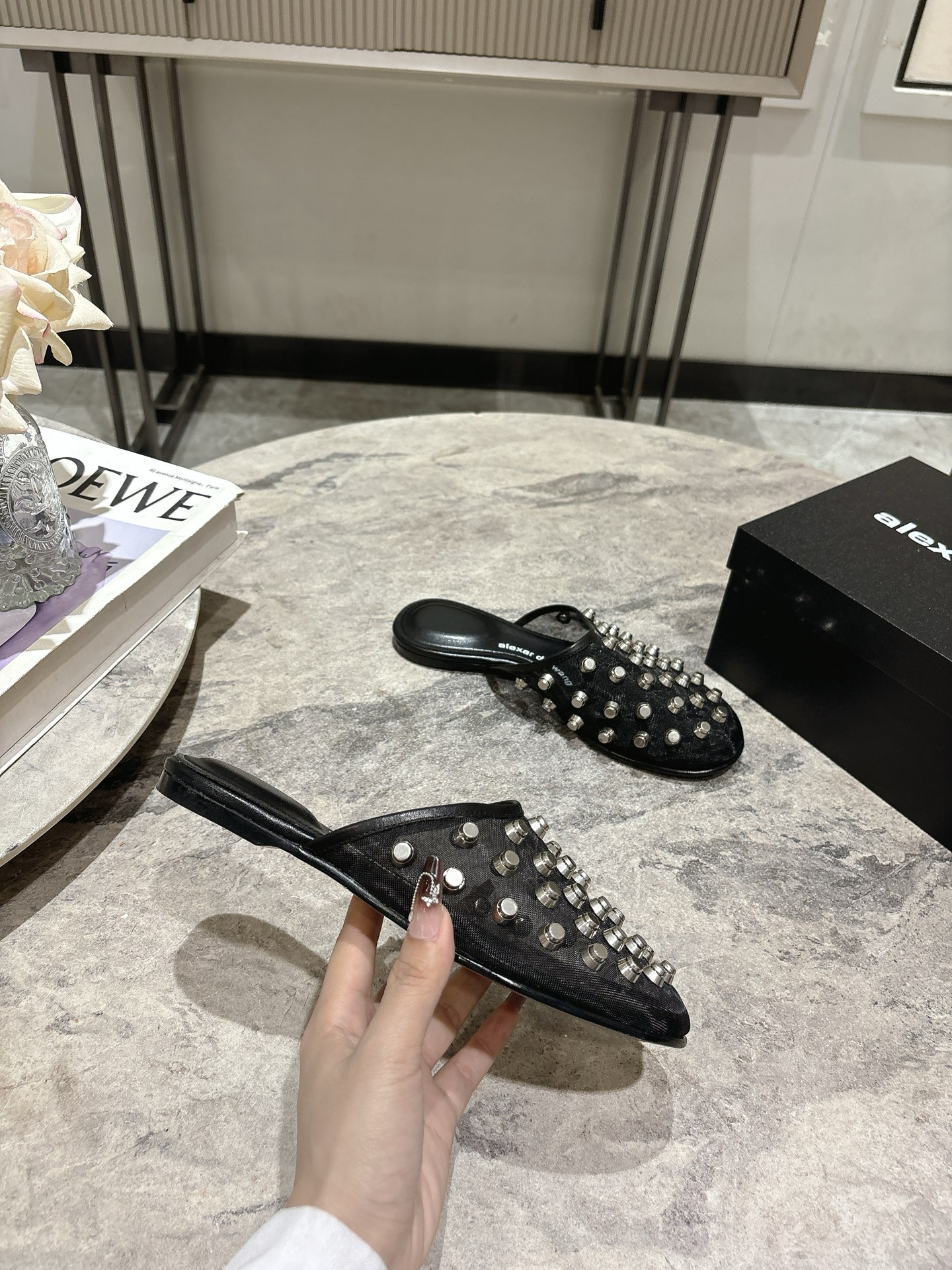 Alexander Wang Women's Black Studded Leather Mule, Pointed Open Toe Shoes 5 i1742730170422 4034 0 3