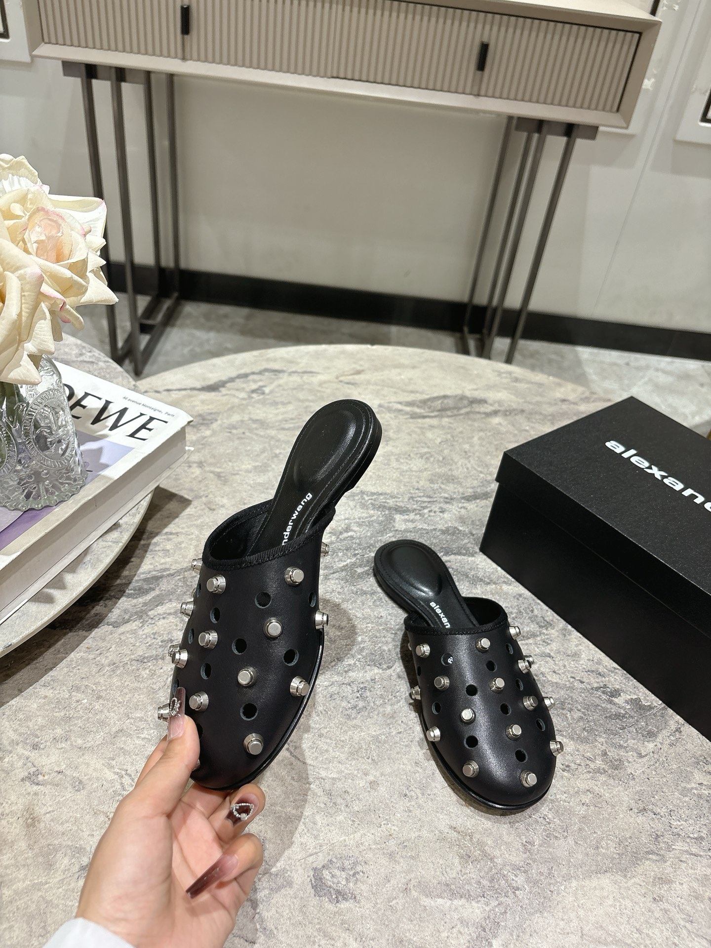 Alexander Wang Women's Black Leather Studded Mule Clogs, Pointed Toe Slip-ons 4 i1742730202430 9820 0 2