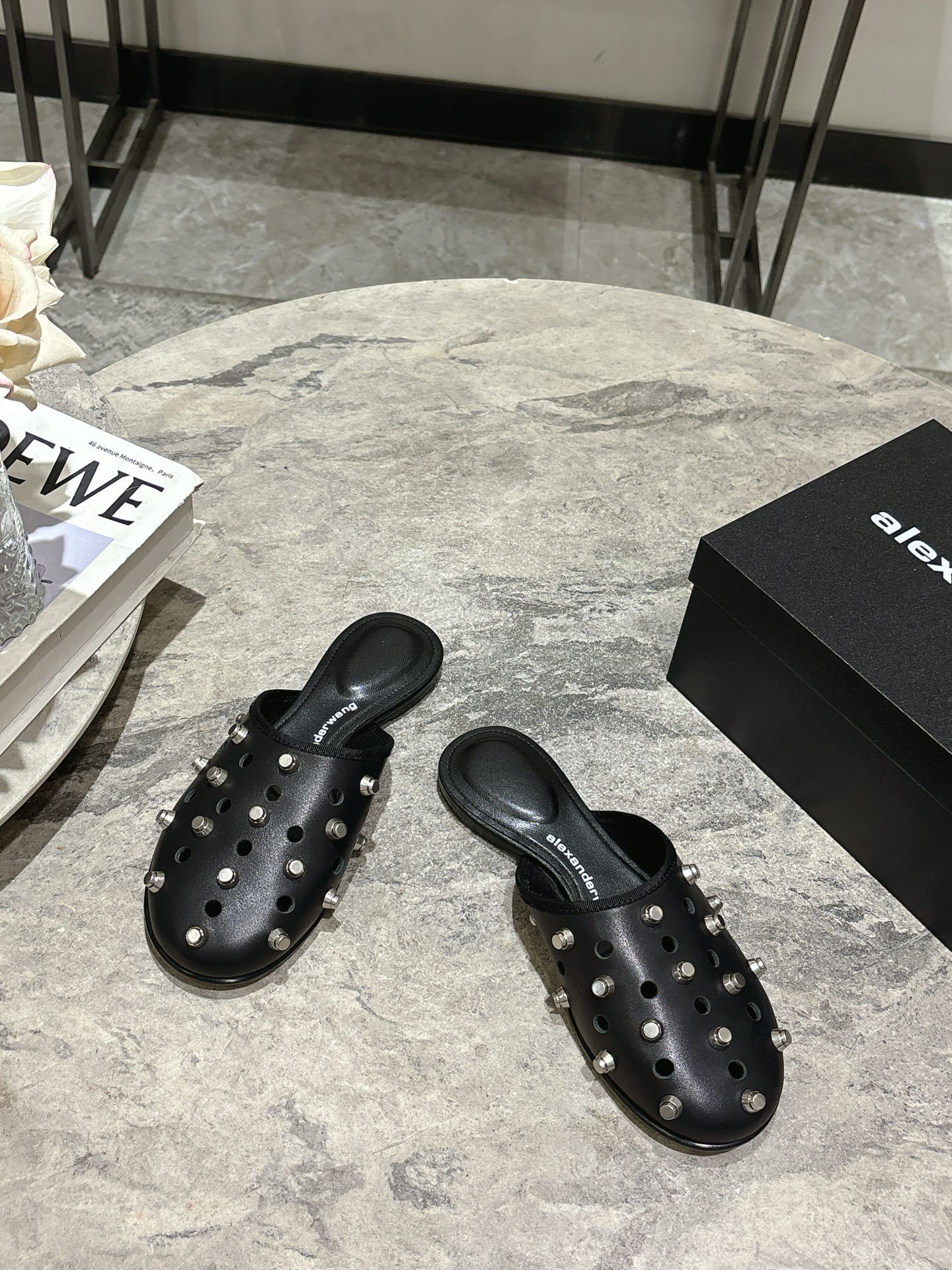 Alexander Wang Women's Black Leather Studded Mule Clogs, Pointed Toe Slip-ons 1 Alexander Wang Women's Black Leather Studded Mule Clogs, Pointed Toe Slip-ons