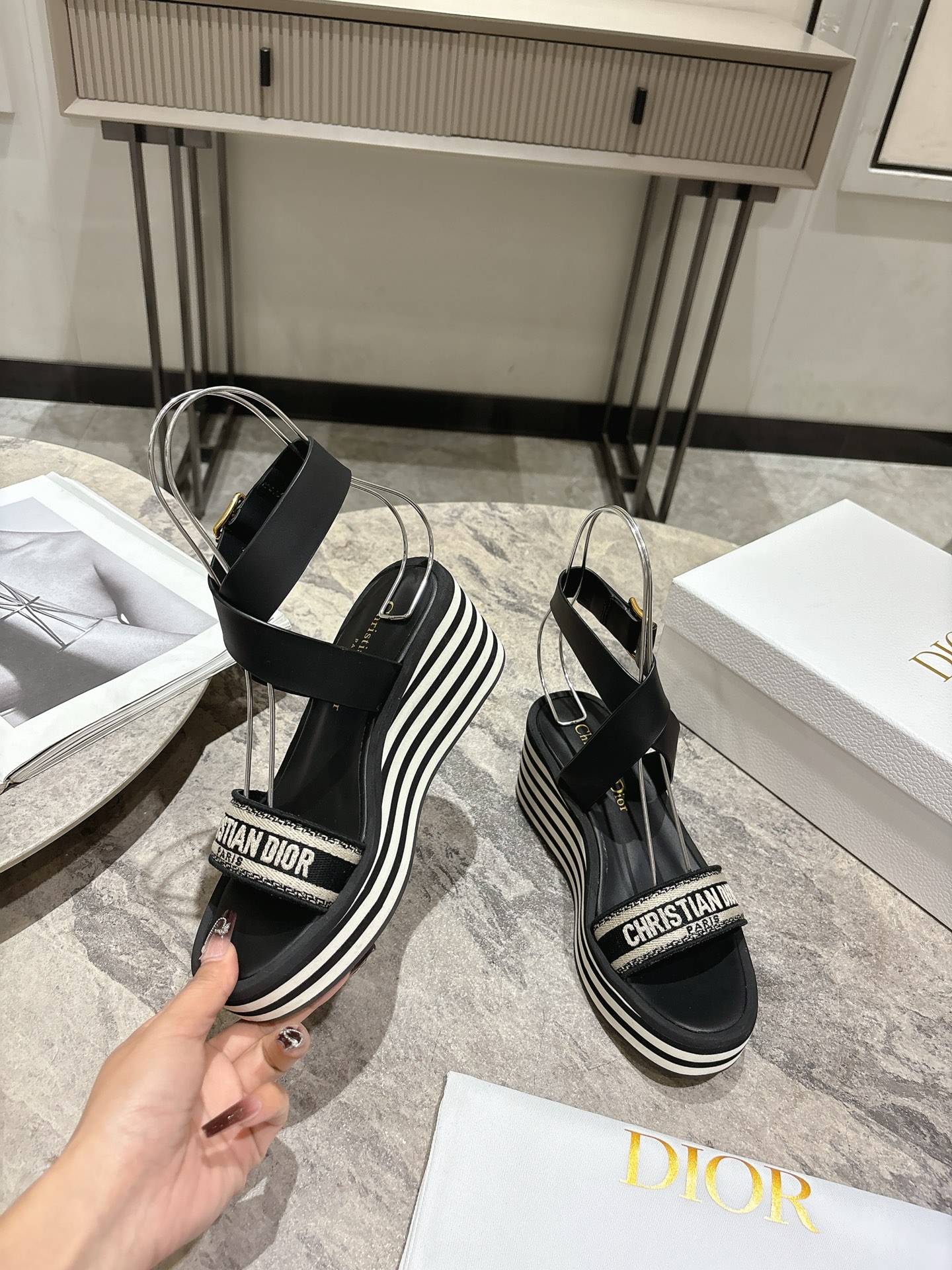 Dior Women's Black and White Striped Wedge Sandals with CD Logo 1 Dior Women's Black and White Striped Wedge Sandals with CD Logo