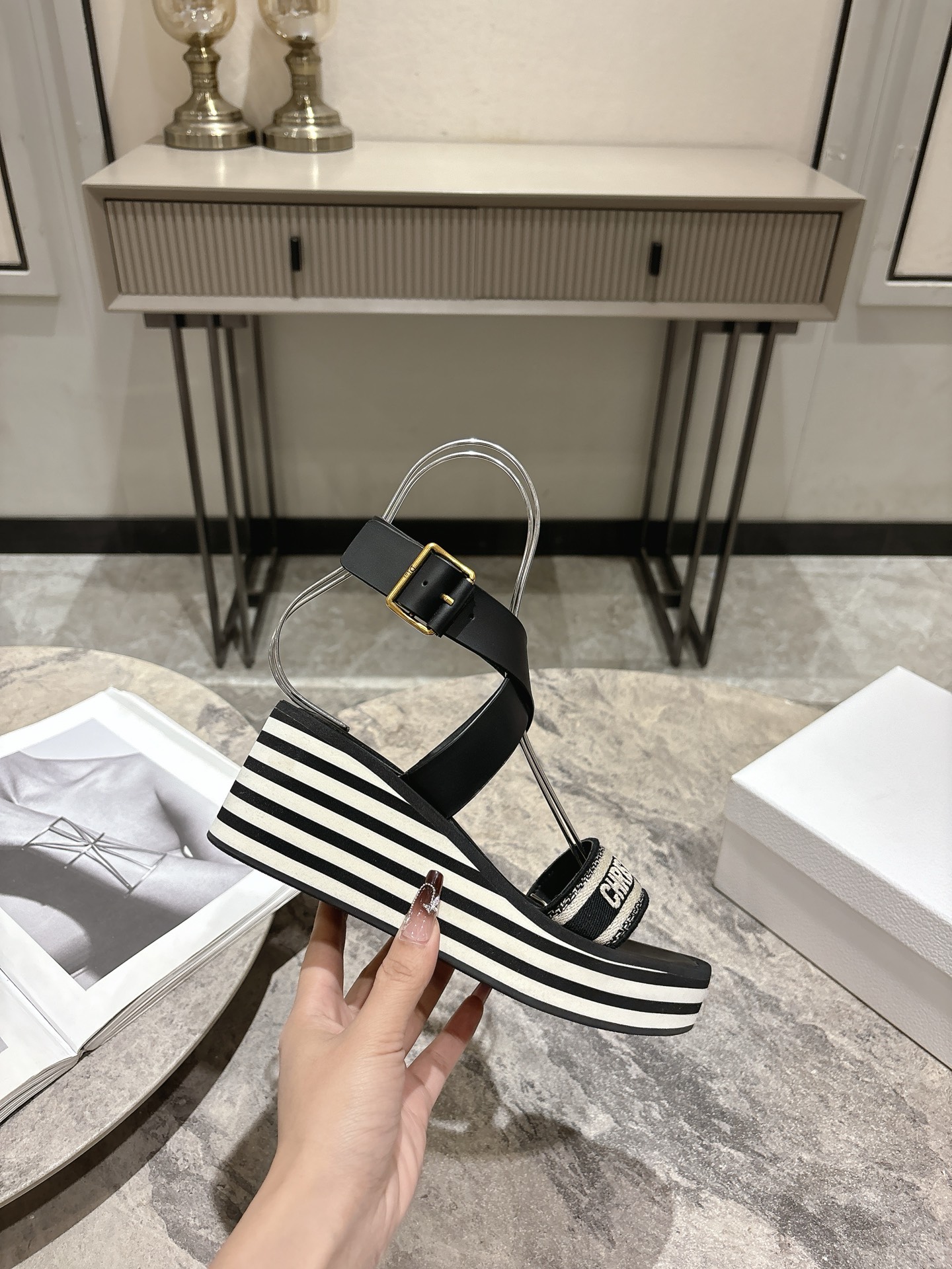 Dior Women's Black and White Striped Wedge Sandals with CD Logo 5 i1742835586124 6274 0 3