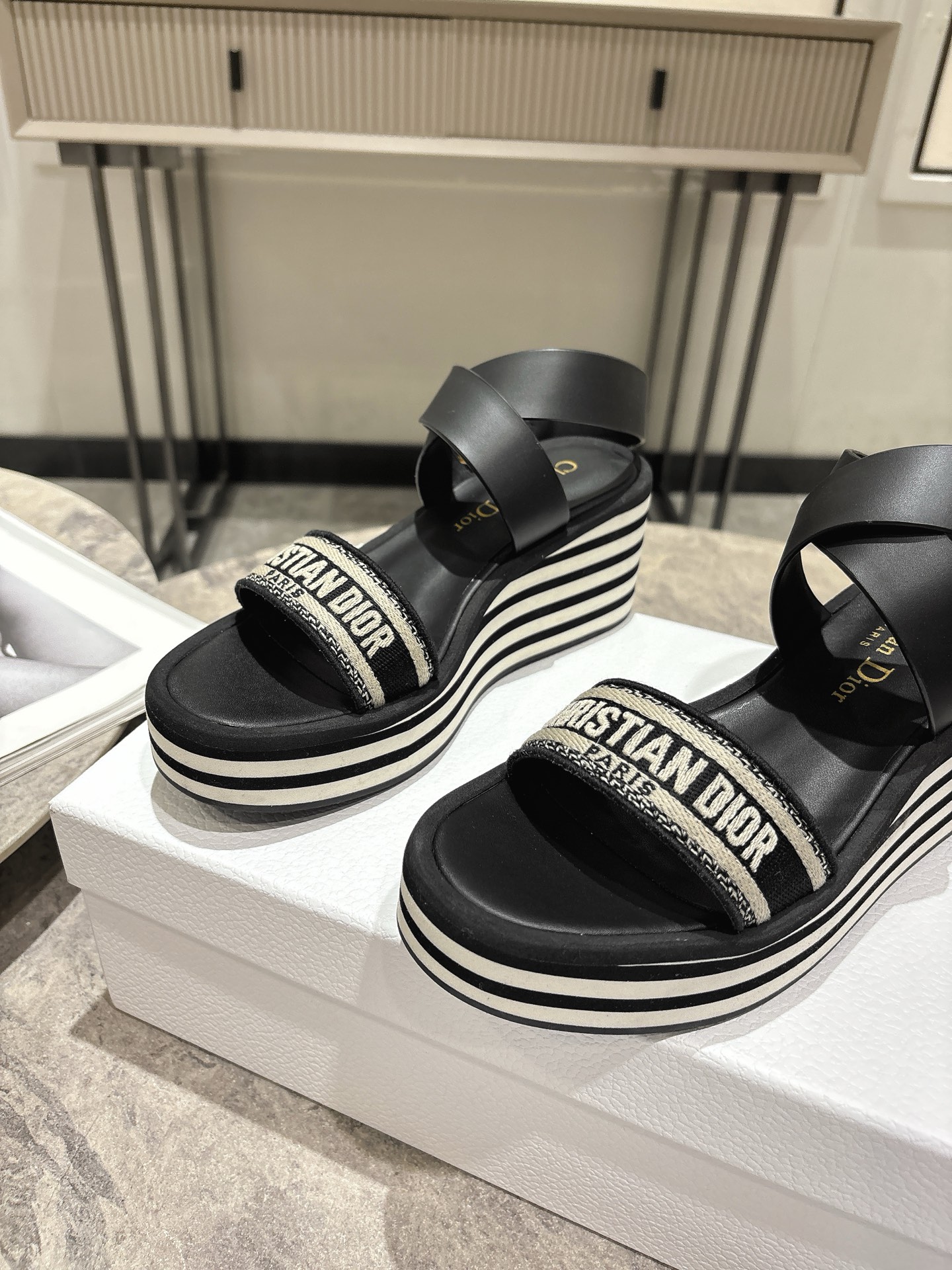 Dior Women's Black and White Striped Wedge Sandals with CD Logo 8 i1742835586135 6808 0 6