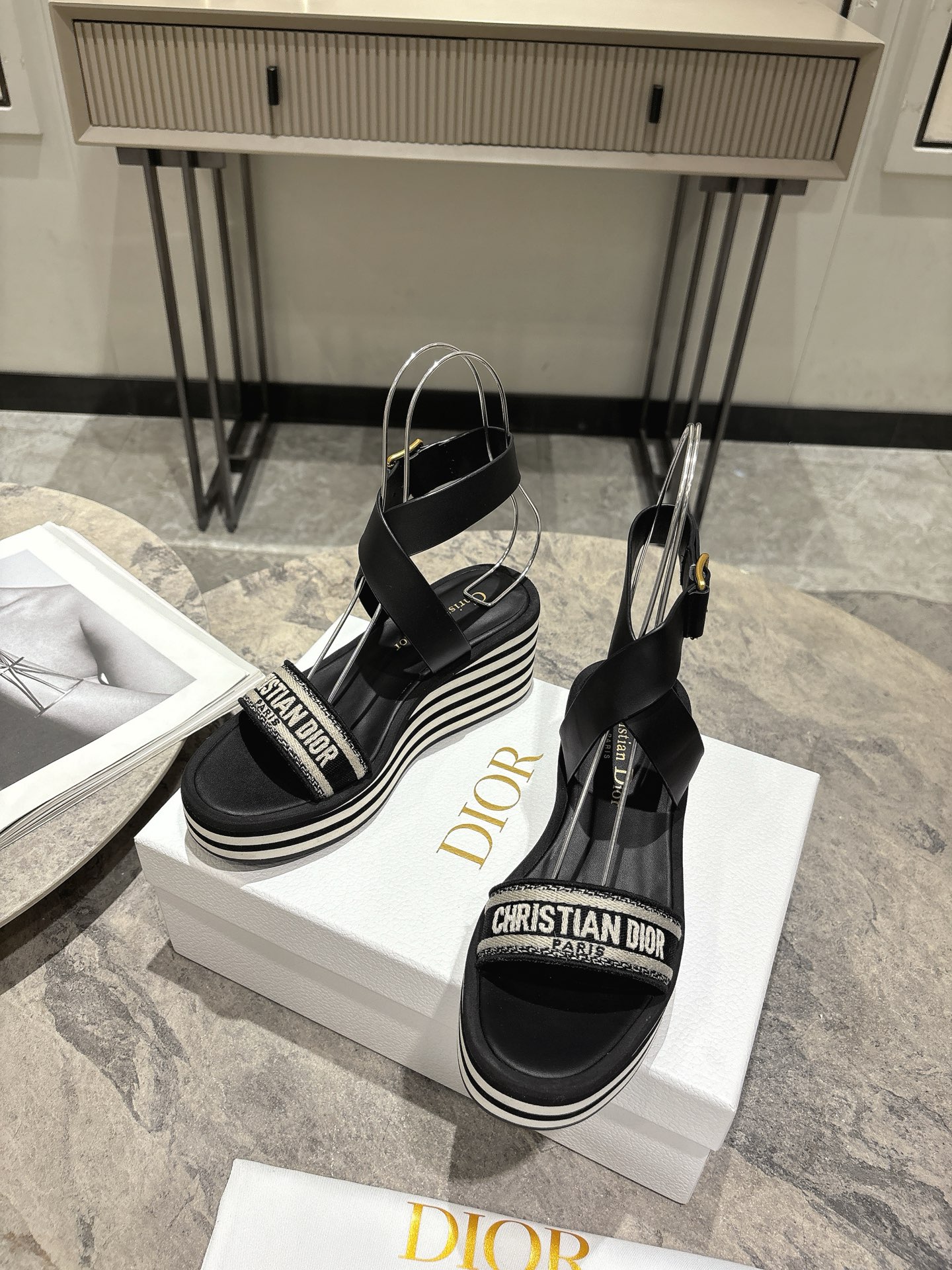 Dior Women's Black and White Striped Wedge Sandals with CD Logo 7 i1742835586974 1600 0 5