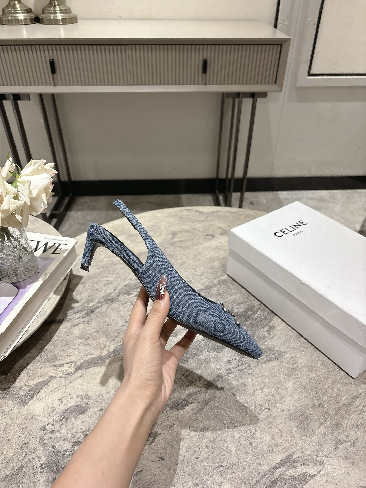 Celine Women's Slingback Pumps in Denim with Silver Triomphe, 6cm Heel 10 i1746638374623 9063 0 8
