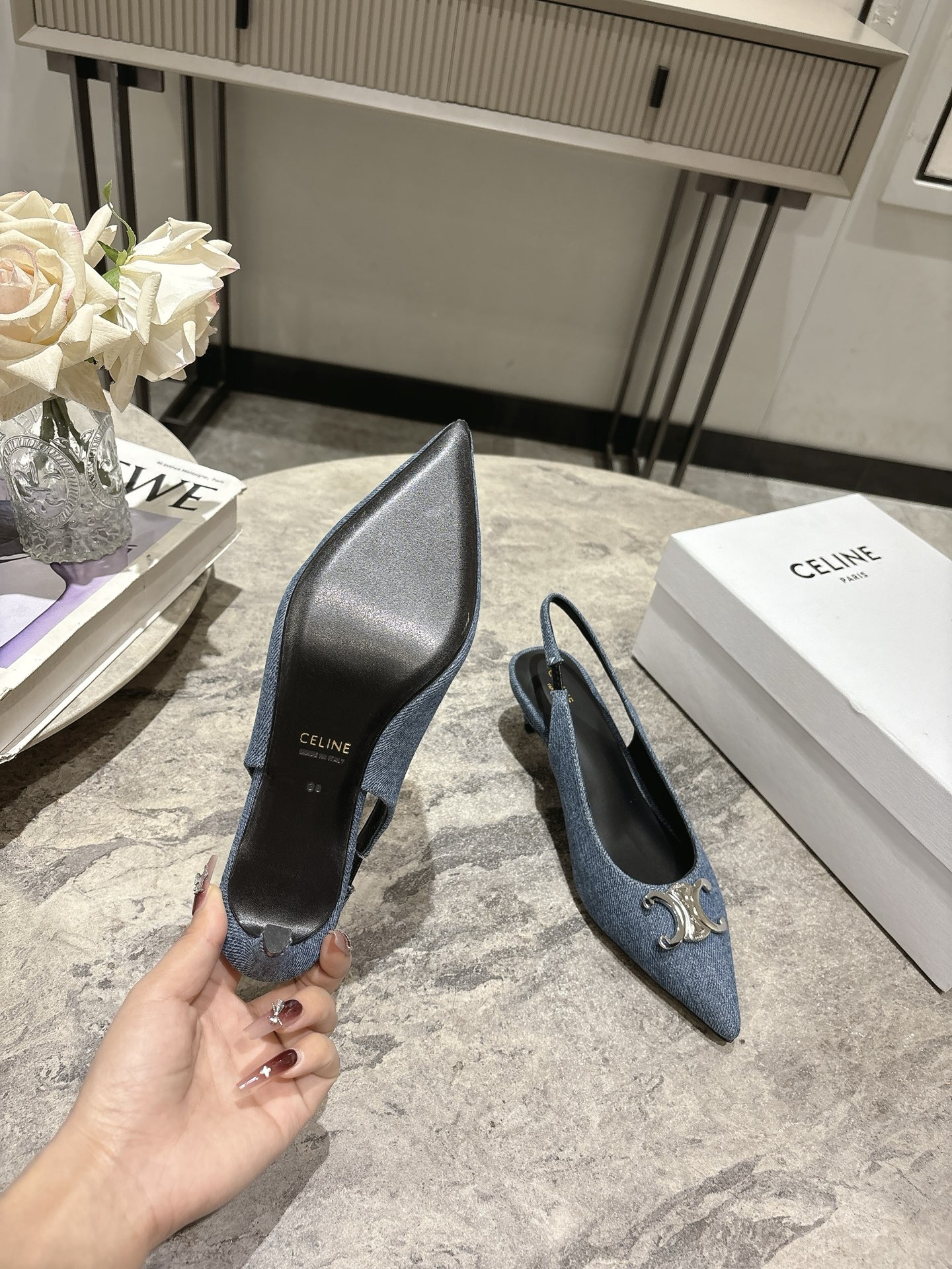 Celine Women's Slingback Pumps in Denim with Silver Triomphe, 6cm Heel 9 i1746638374661 8057 0 7
