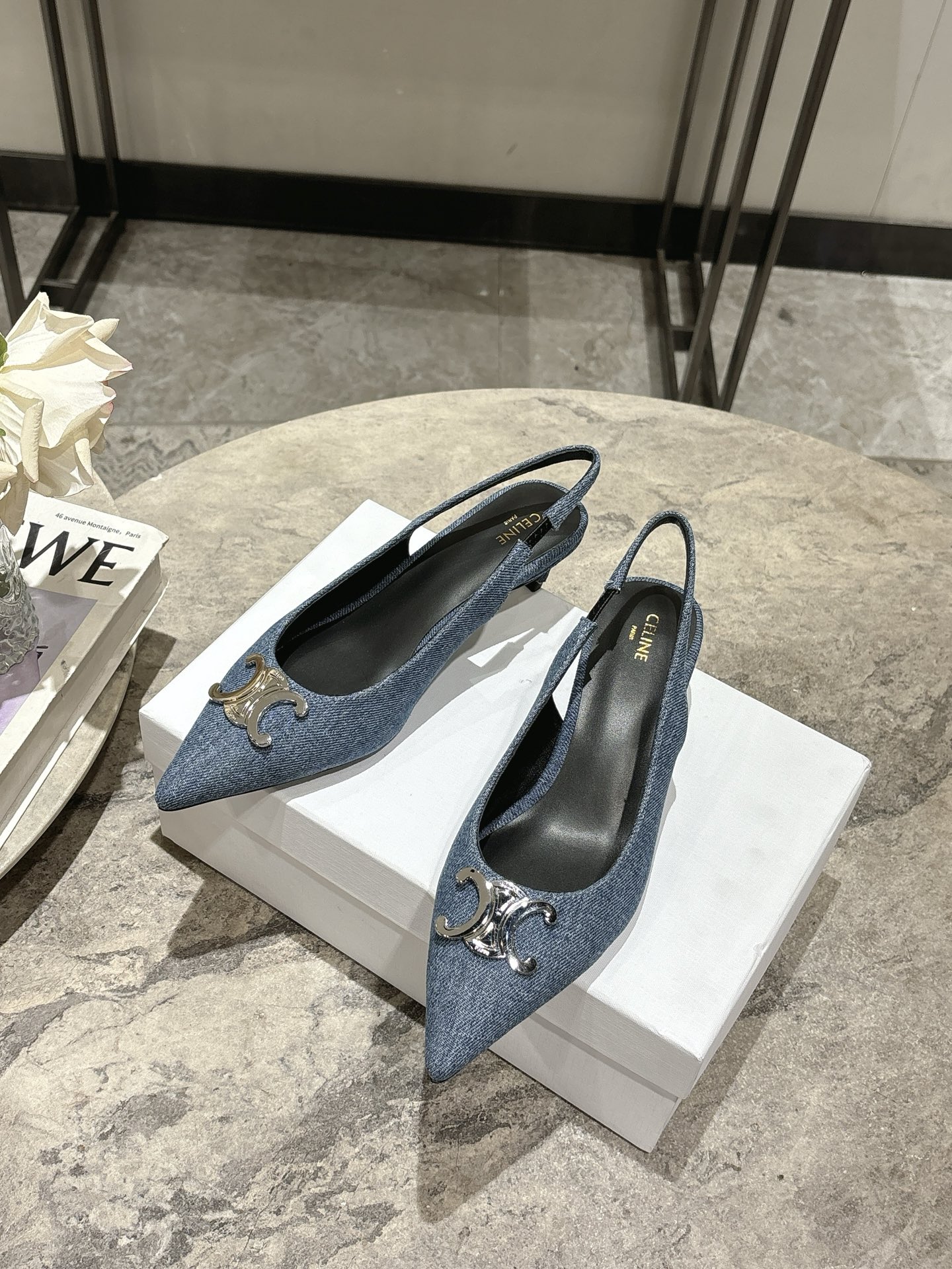 Celine Women's Slingback Pumps in Denim with Silver Triomphe, 6cm Heel 6 i1746638374672 9155 0 3