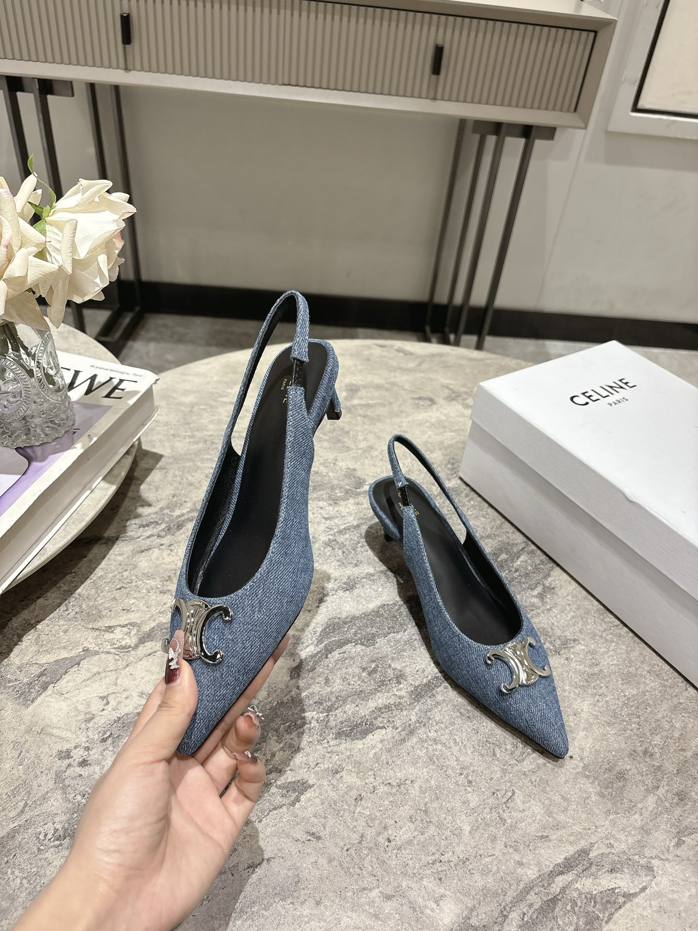 Celine Women's Slingback Pumps in Denim with Silver Triomphe, 6cm Heel 1 Celine Women's Slingback Pumps in Denim with Silver Triomphe, 6cm Heel