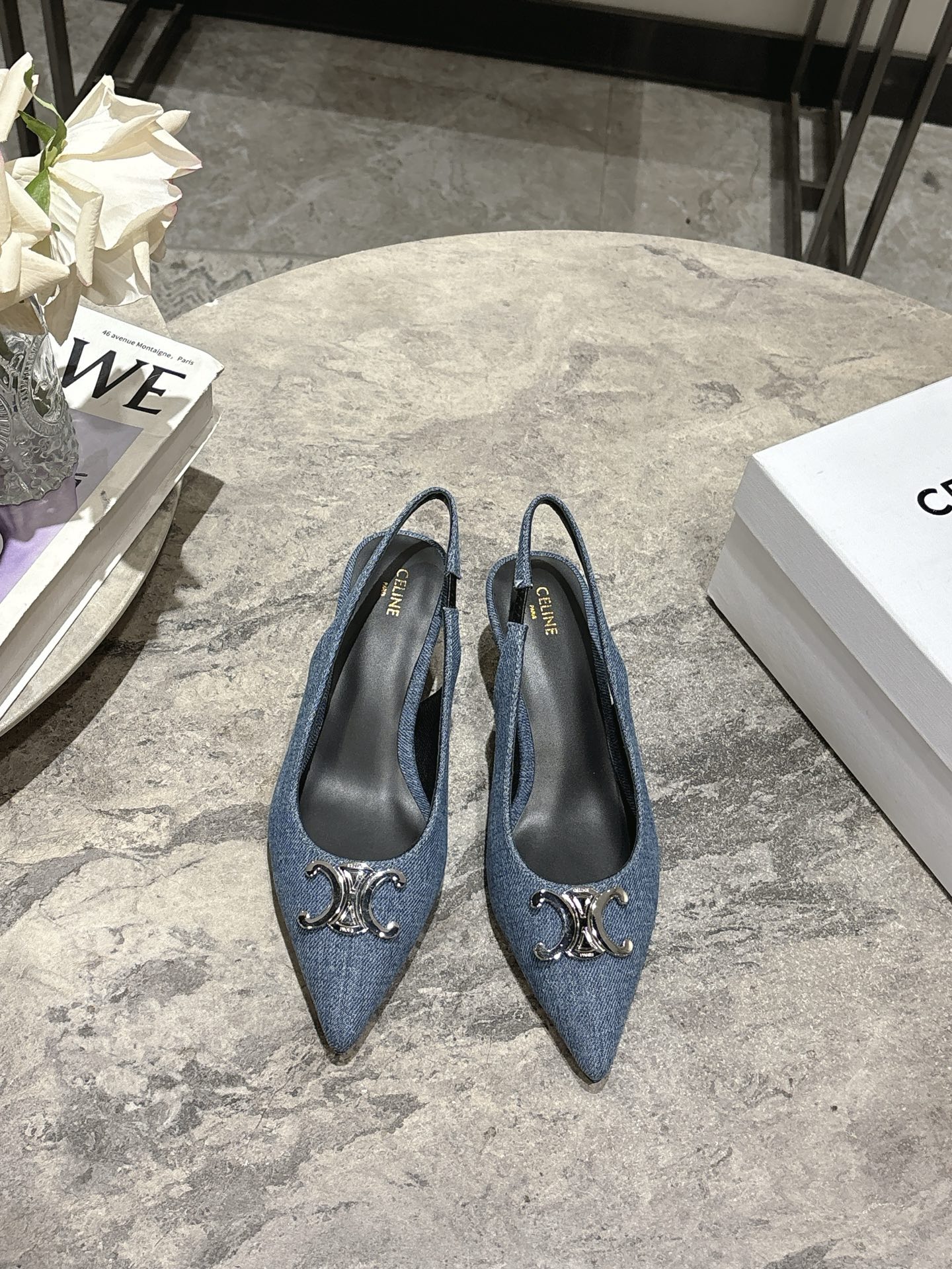 Celine Women's Slingback Pumps in Denim with Silver Triomphe, 6cm Heel 3 i1746638374730 829 0 0