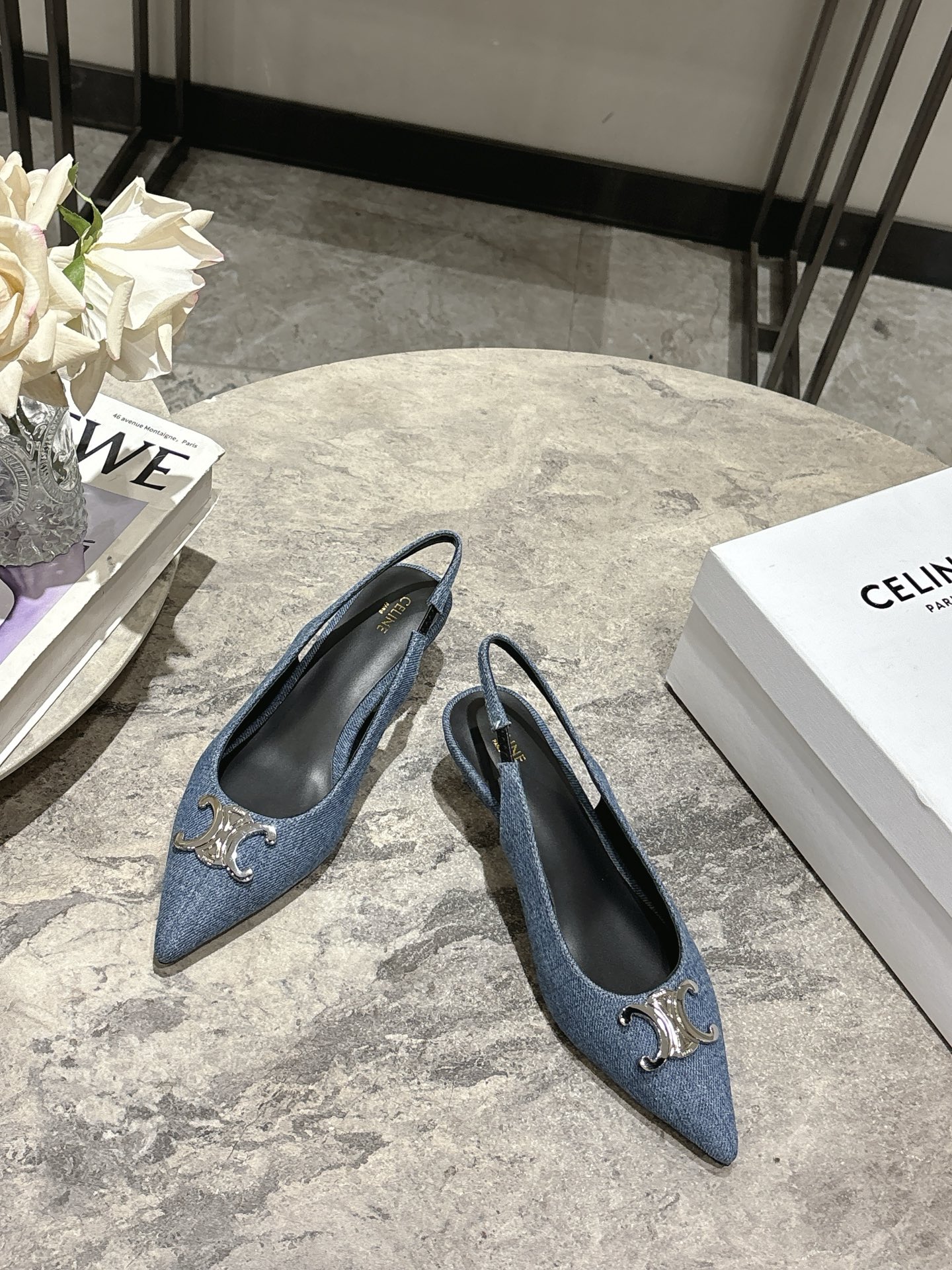 Celine Women's Slingback Pumps in Denim with Silver Triomphe, 6cm Heel 4 i1746638376081 5065 0 1
