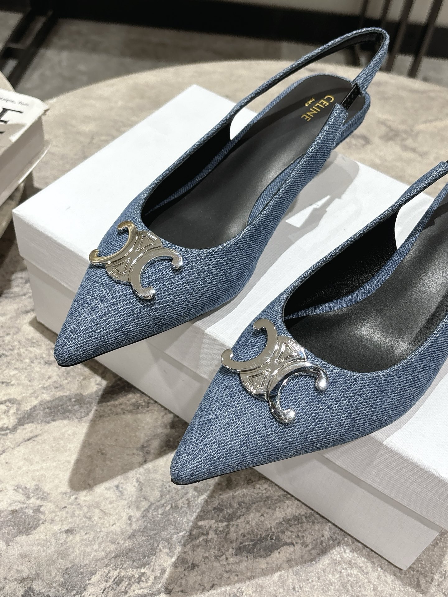 Celine Women's Slingback Pumps in Denim with Silver Triomphe, 6cm Heel 7 i1746638376120 5084 0 4