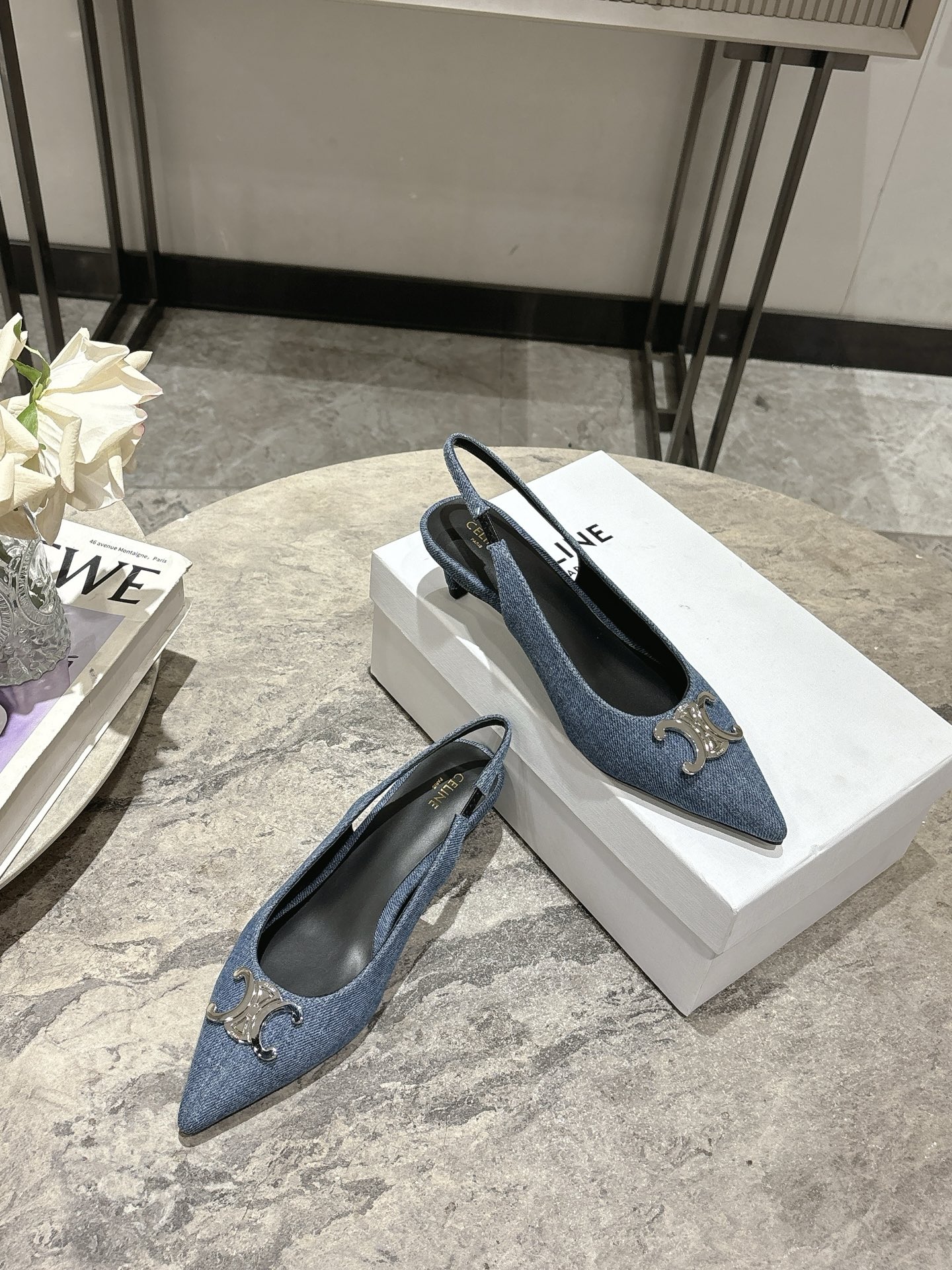 Celine Women's Slingback Pumps in Denim with Silver Triomphe, 6cm Heel 5 i1746638376128 4308 0 2