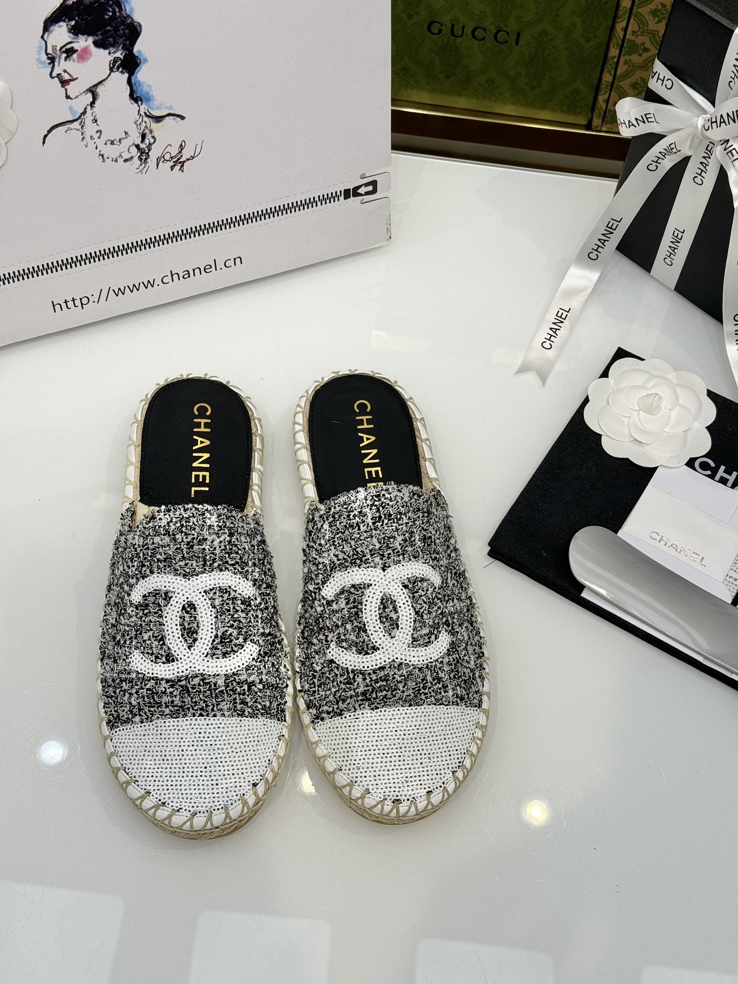 . 2025 nuevo medio dedo del pie CHANEL zapatos de cuentas pequeño fragante cáñamo fondo de cuerda za